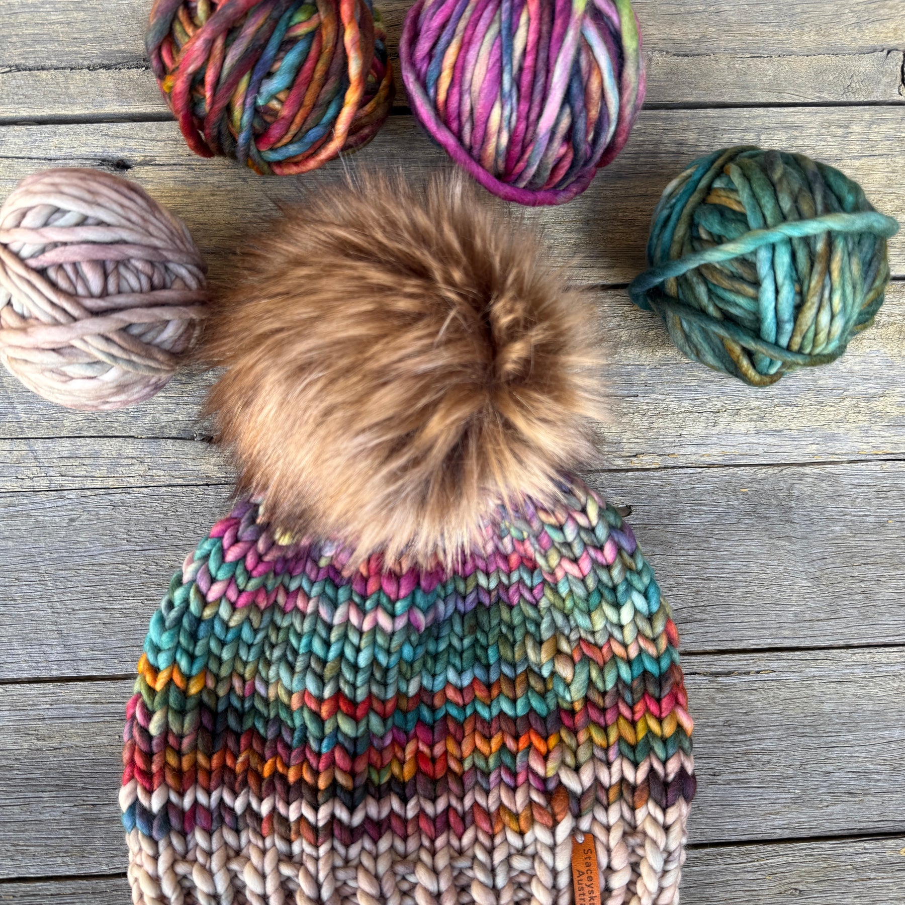 Knitted Merino PomPom Beanie, Colorful Beanie