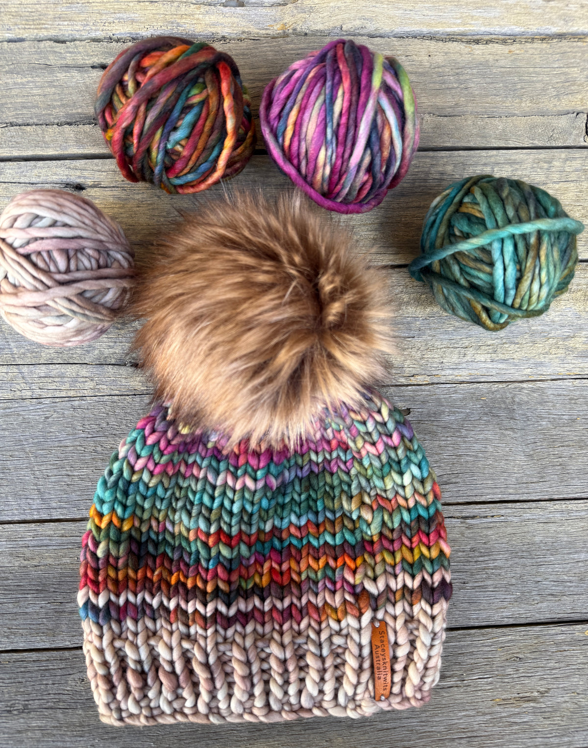 Knitted Merino PomPom Beanie, Colorful Beanie