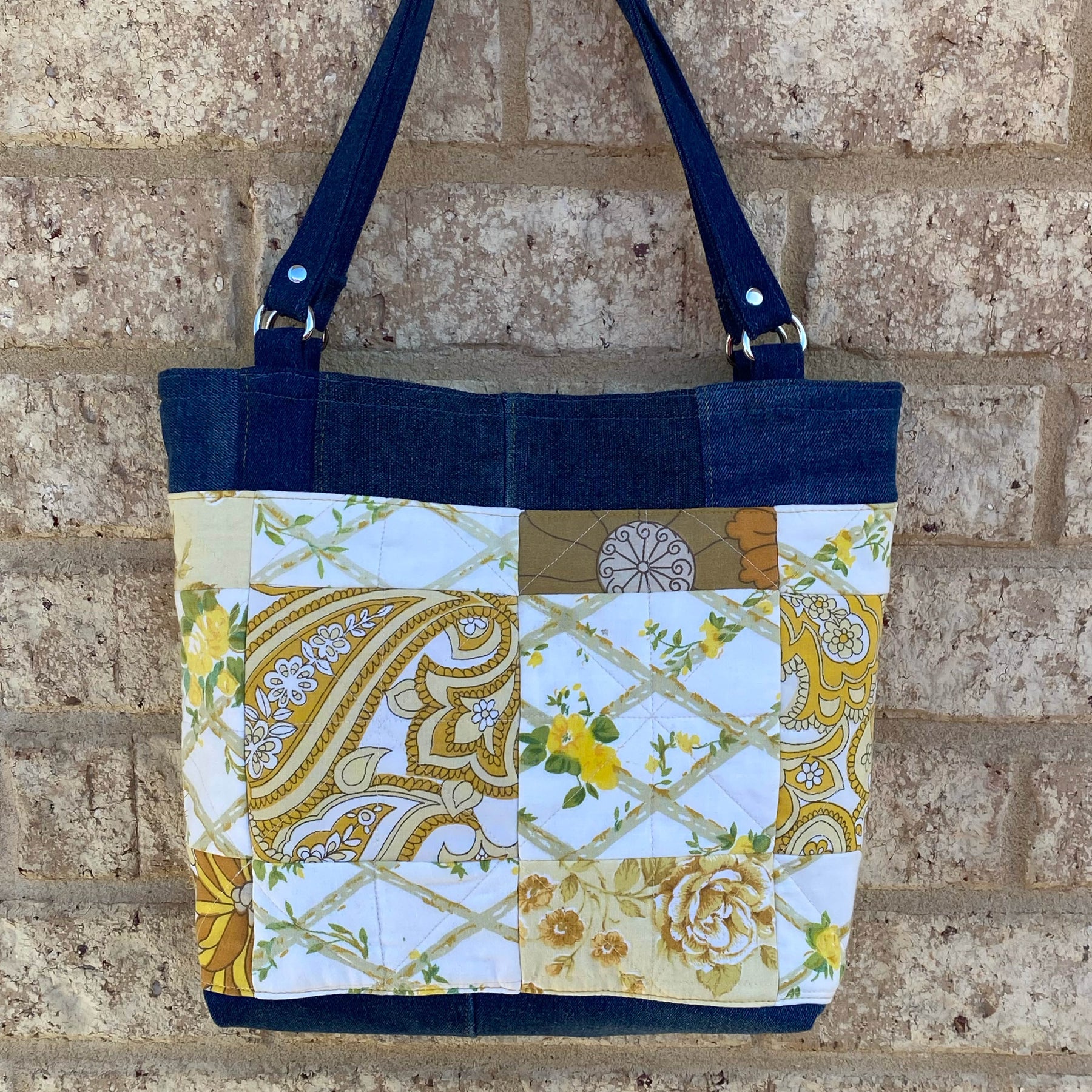 Quilted Sunshine Handmade Tote Bag Upcycled Vintage Fabrics & Denim