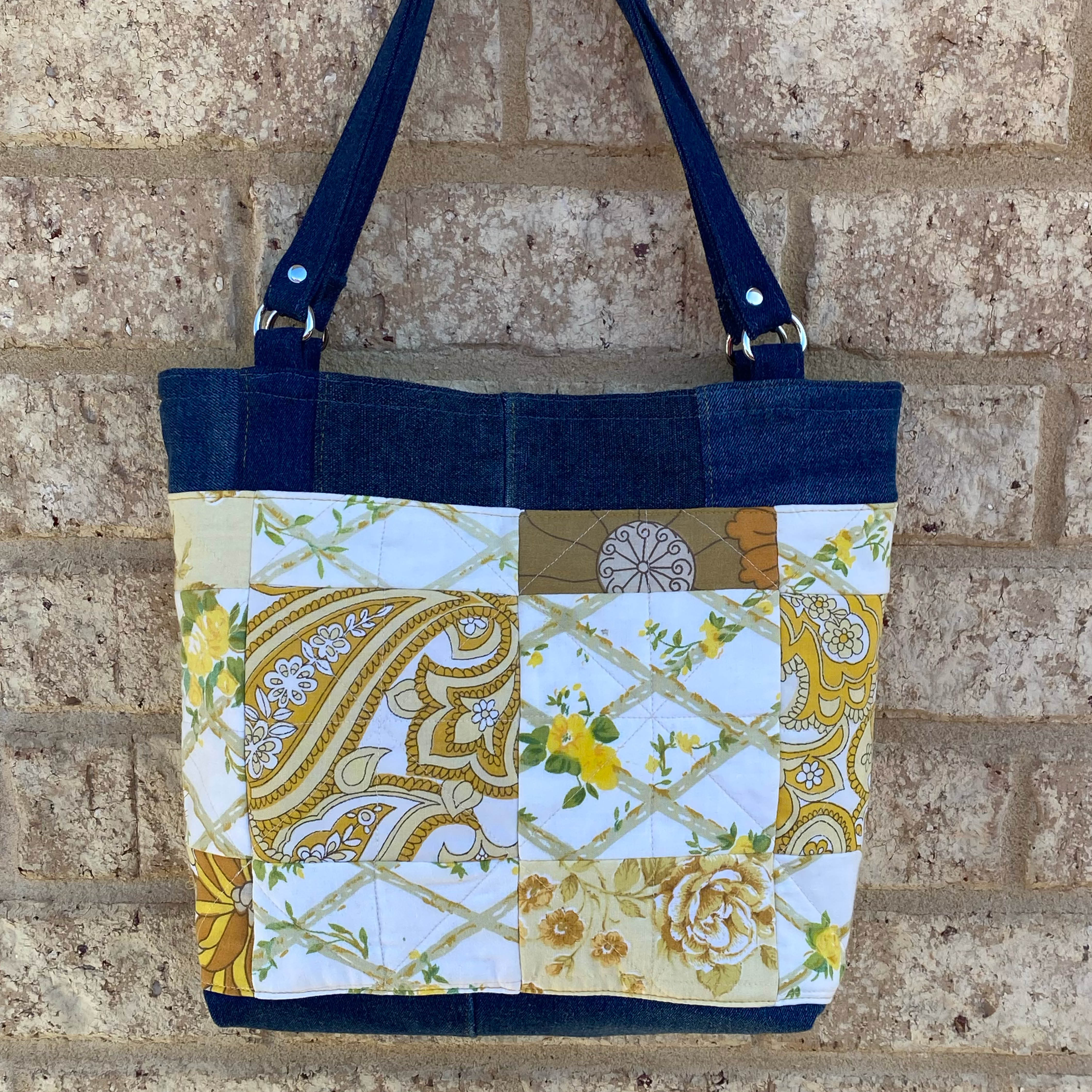 Quilted Sunshine Handmade Tote Bag Upcycled Vintage Fabrics & Denim