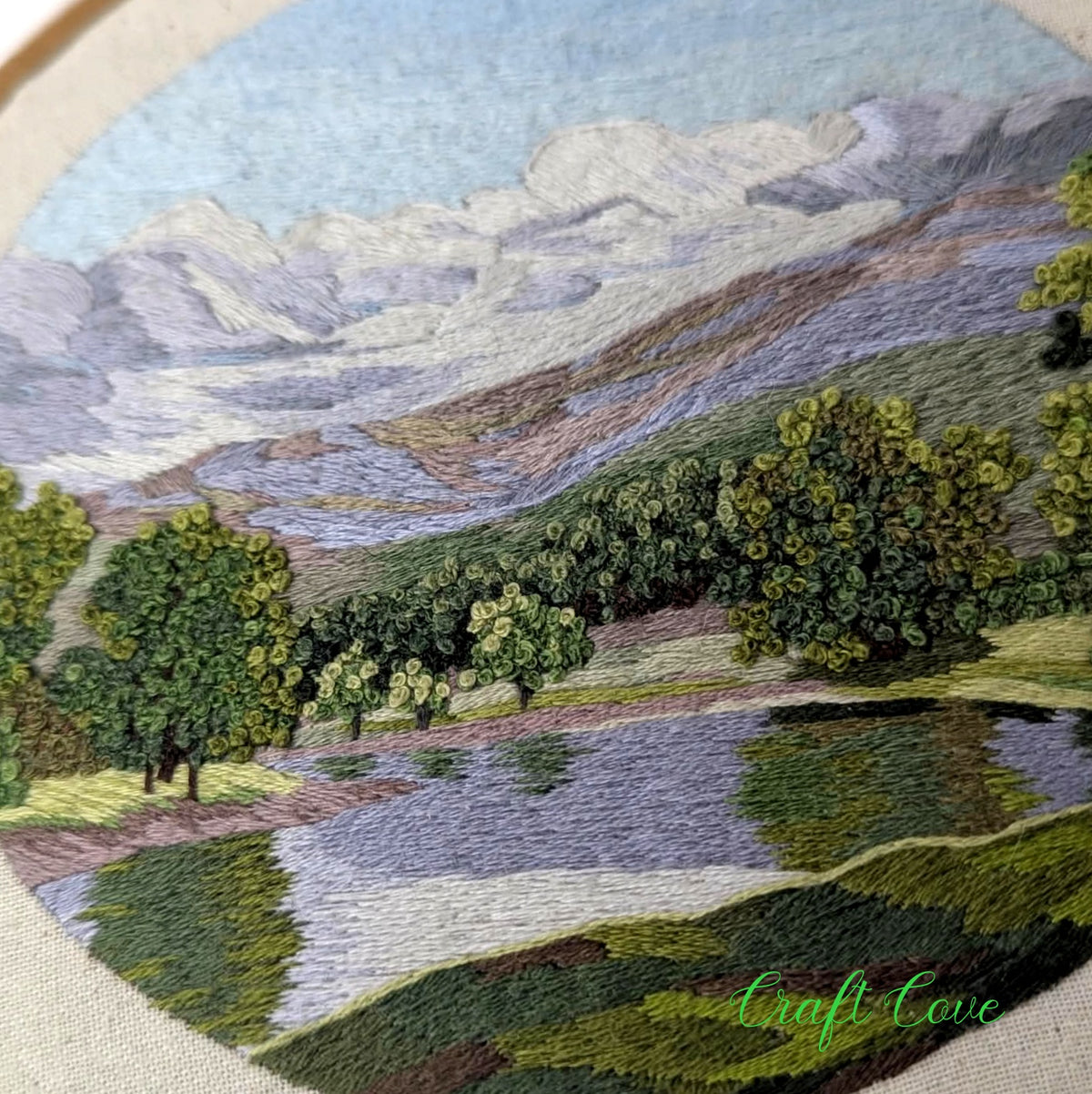 Hand Embroidered Mountain Landscape – Intricate Thread Painting
