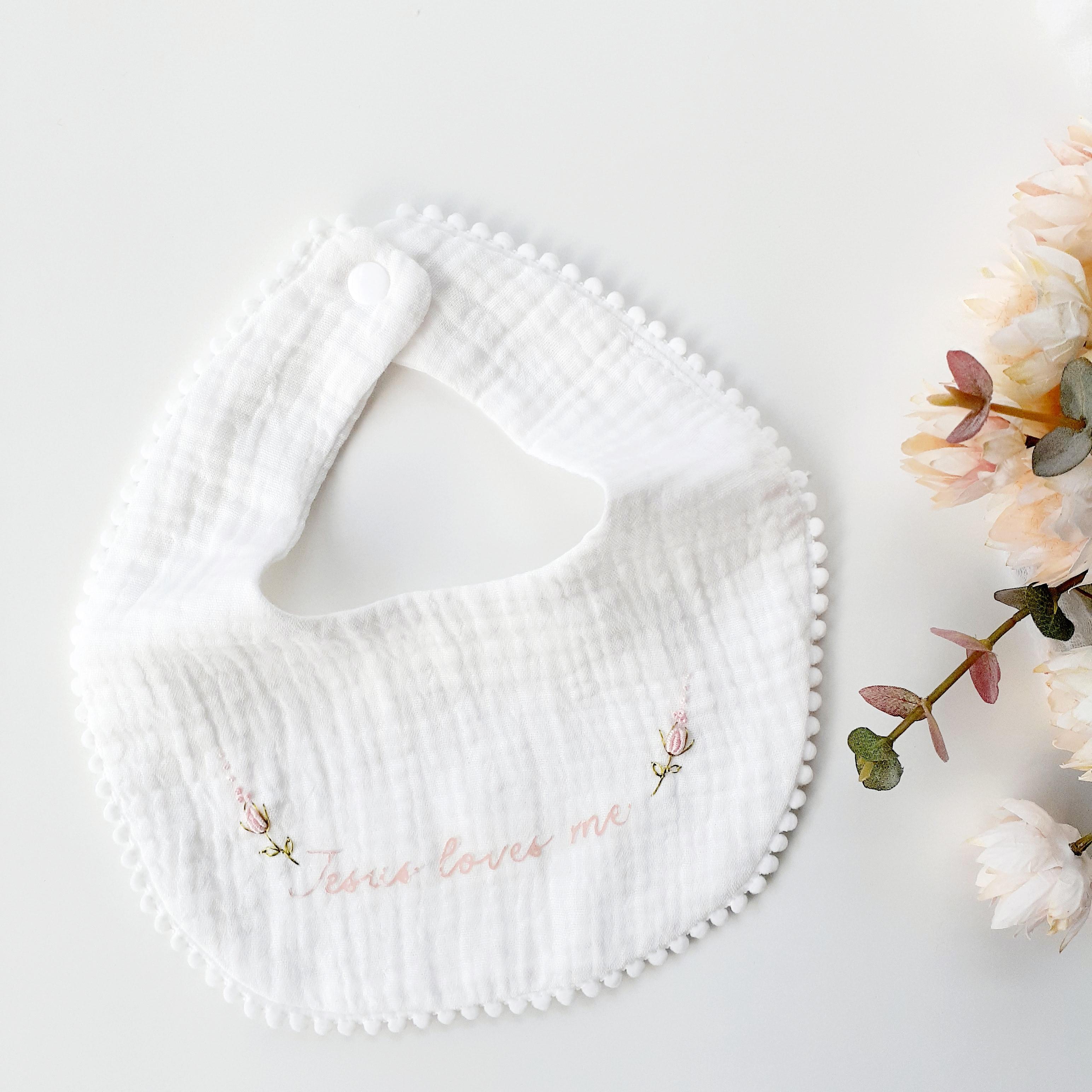 Embroidered Floral Baby Bib • Vintage-Style Scalloped Keepsake, Jesus Loves Me