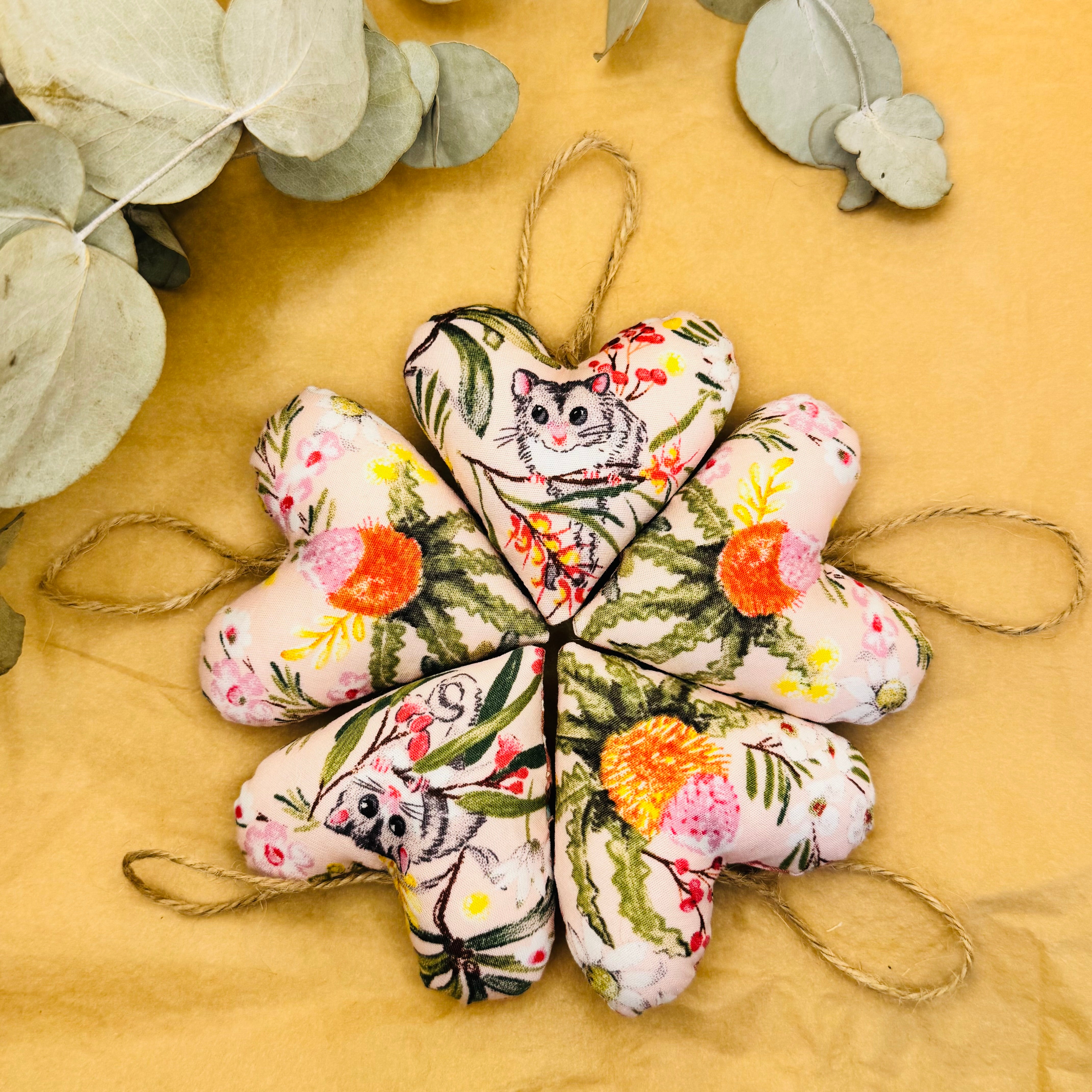 Handmade Pink possum/banksia Hearts
