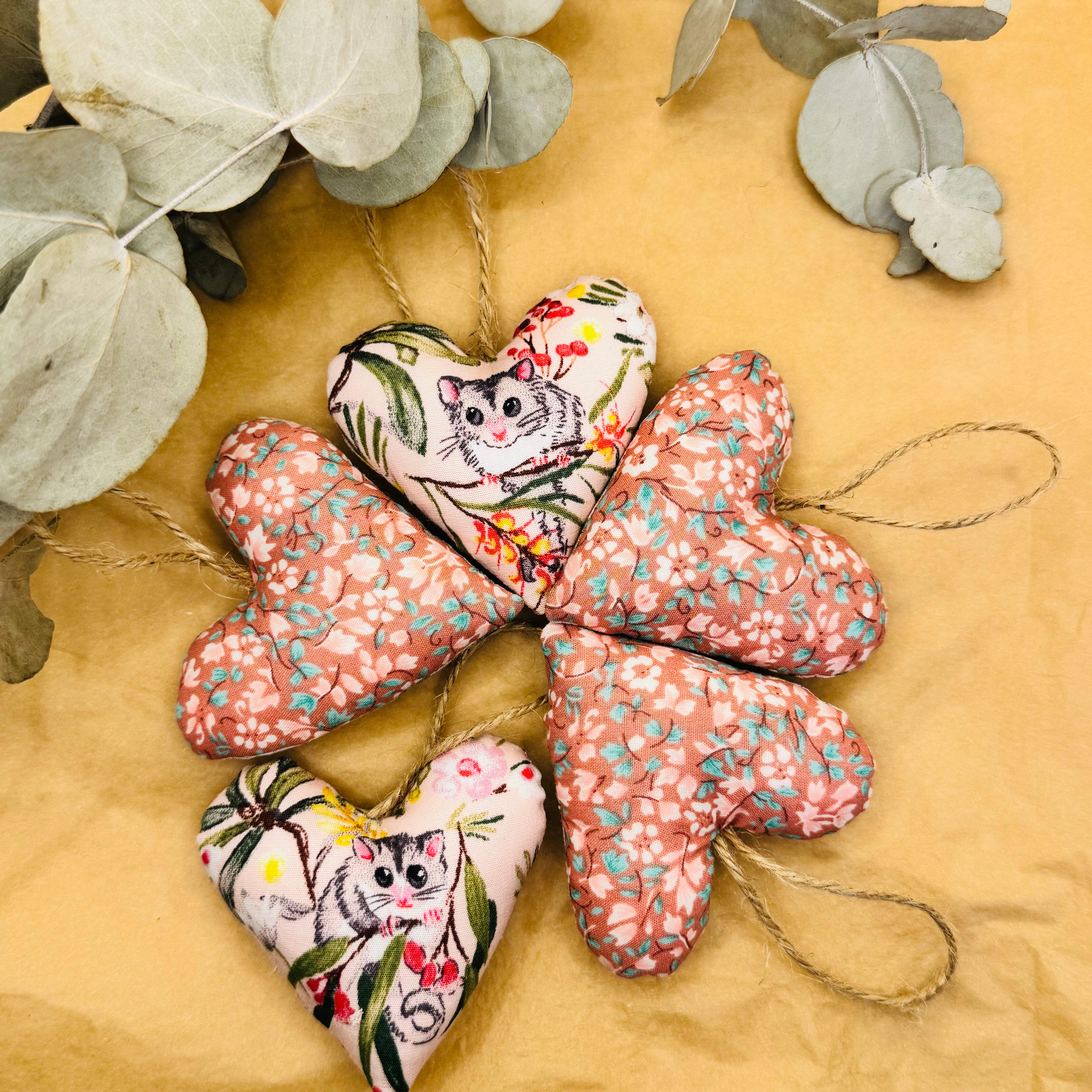 Handmade Pink possum/banksia Hearts