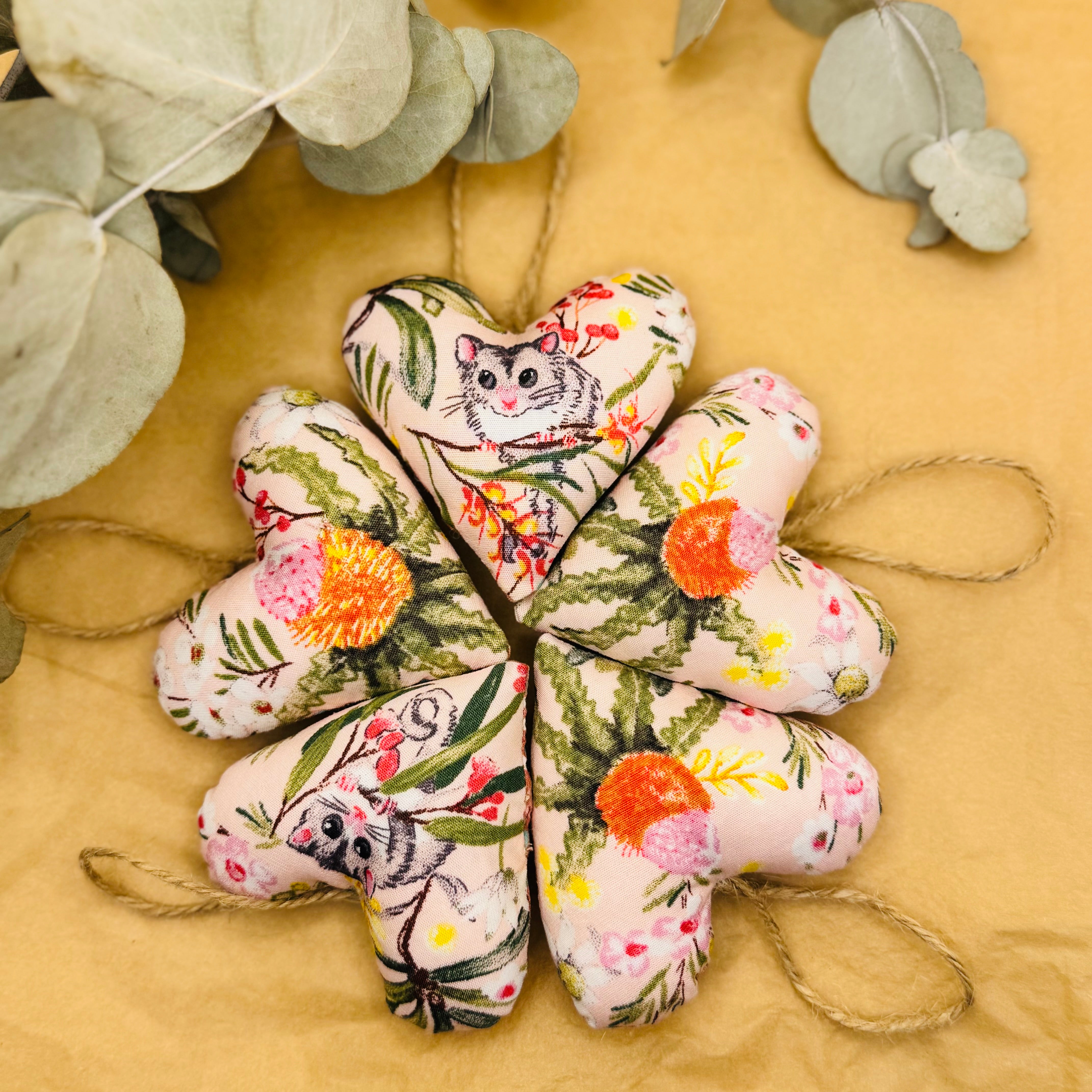 Handmade Pink possum/banksia Hearts