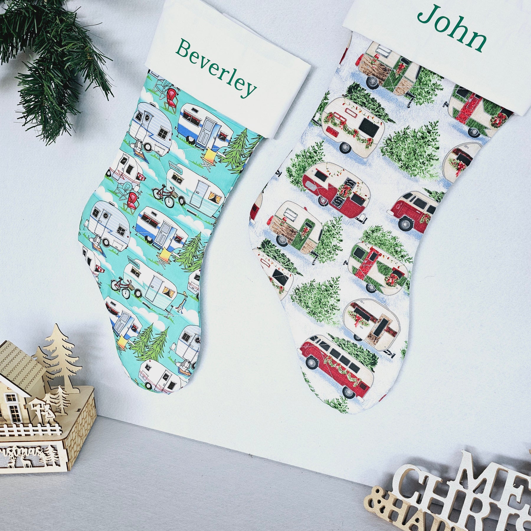 Personalized Quilted Christmas Stocking 60 cm long featuring Camper Vans, Camping and Outdoor Living