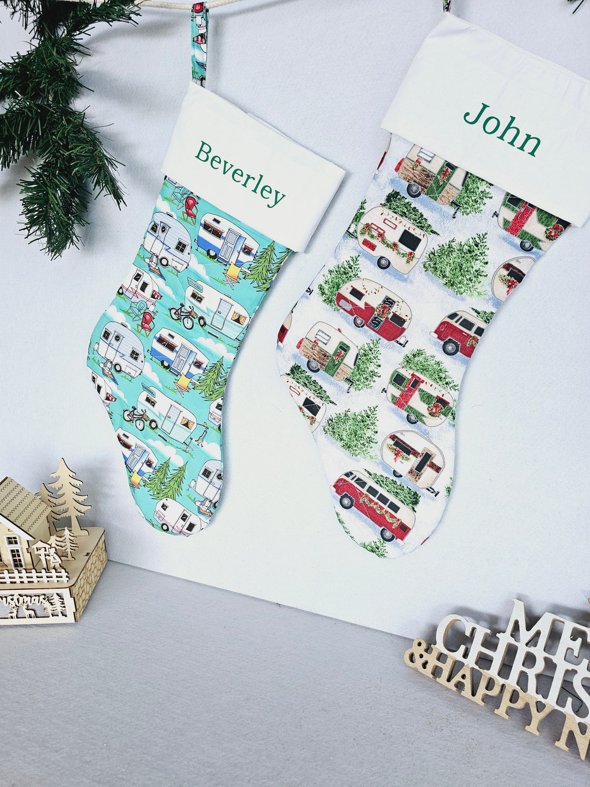 Personalized Quilted Christmas Stocking 60 cm long featuring Camper Vans, Camping and Outdoor Living