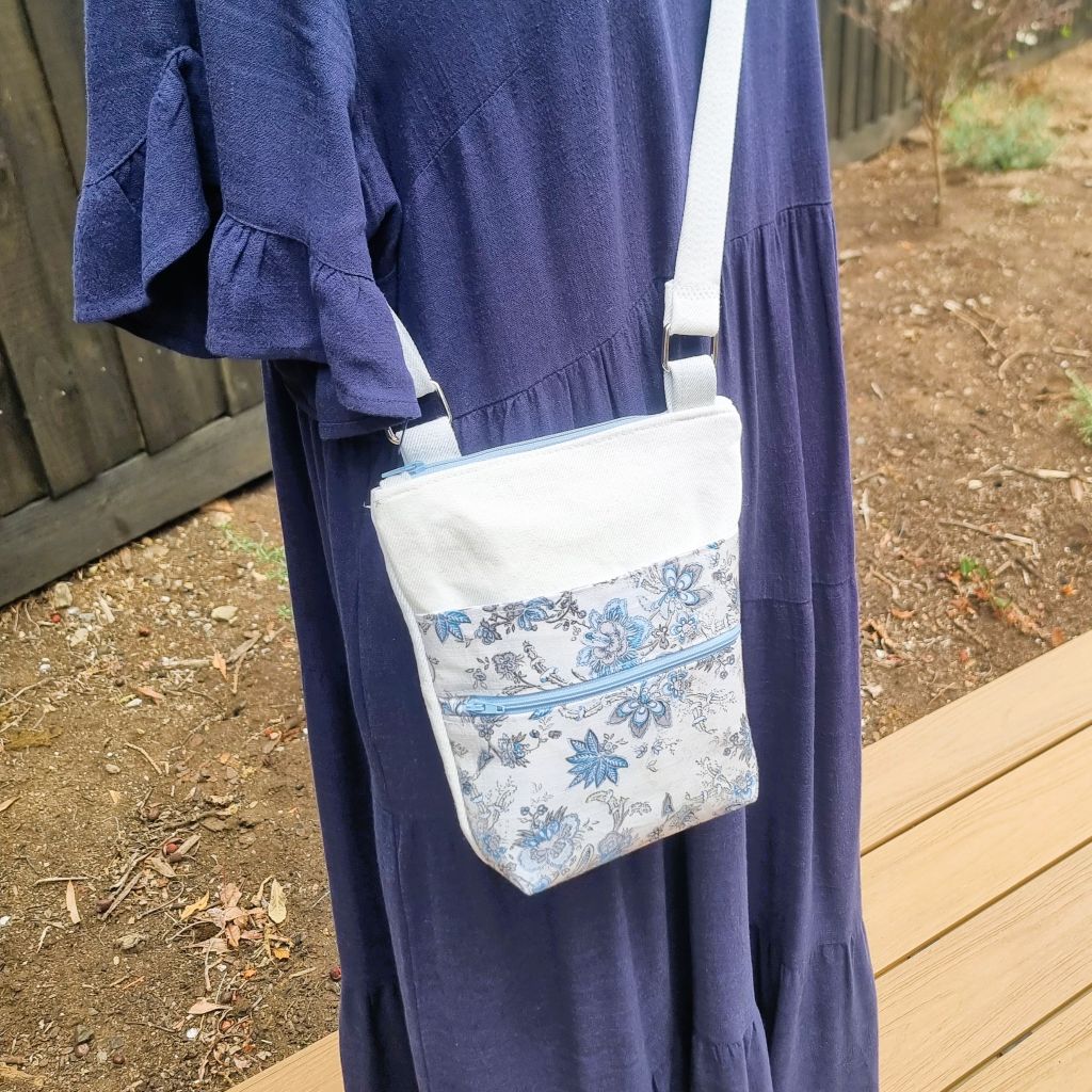 Upcycled small zip crossbody bag - Pale blue denim & abstract floral