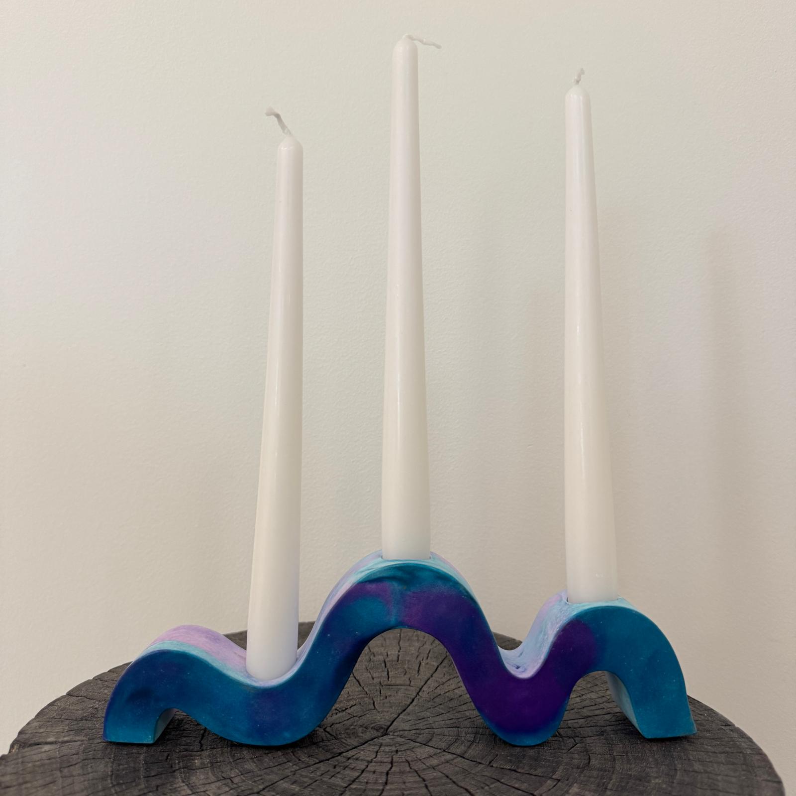 Indigo blue and purple wavy concrete holder for taper candles