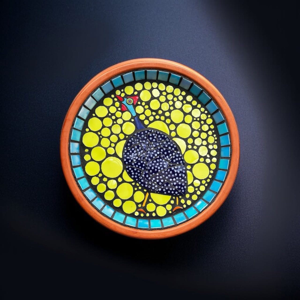 Mosaic Bee Bath. Guinea Fowl.