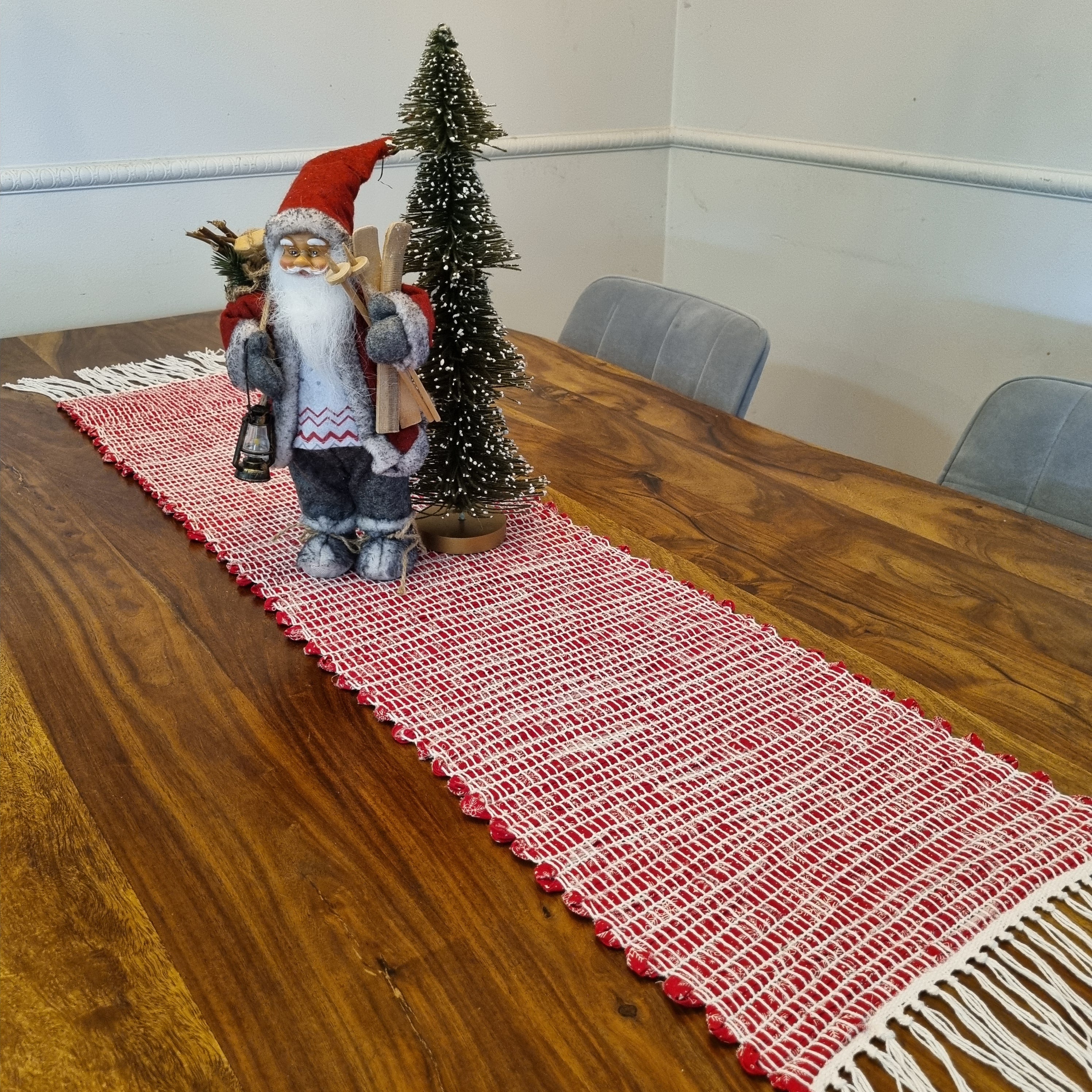 Handwoven Christmas fabric table runner red and white