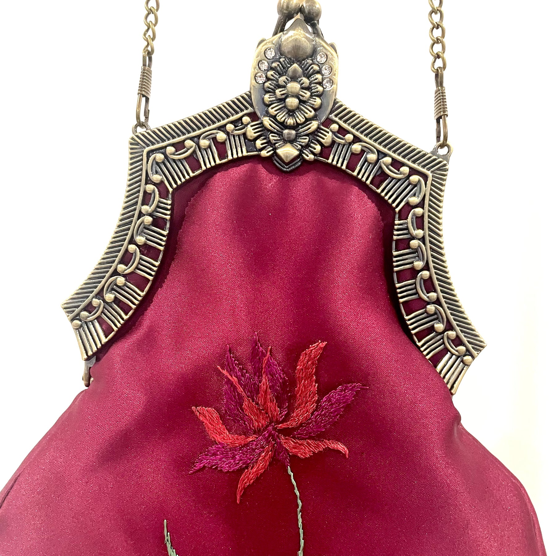 Handmade Plum Satin Handbag, Hand-Embroidered, Brass Clasp