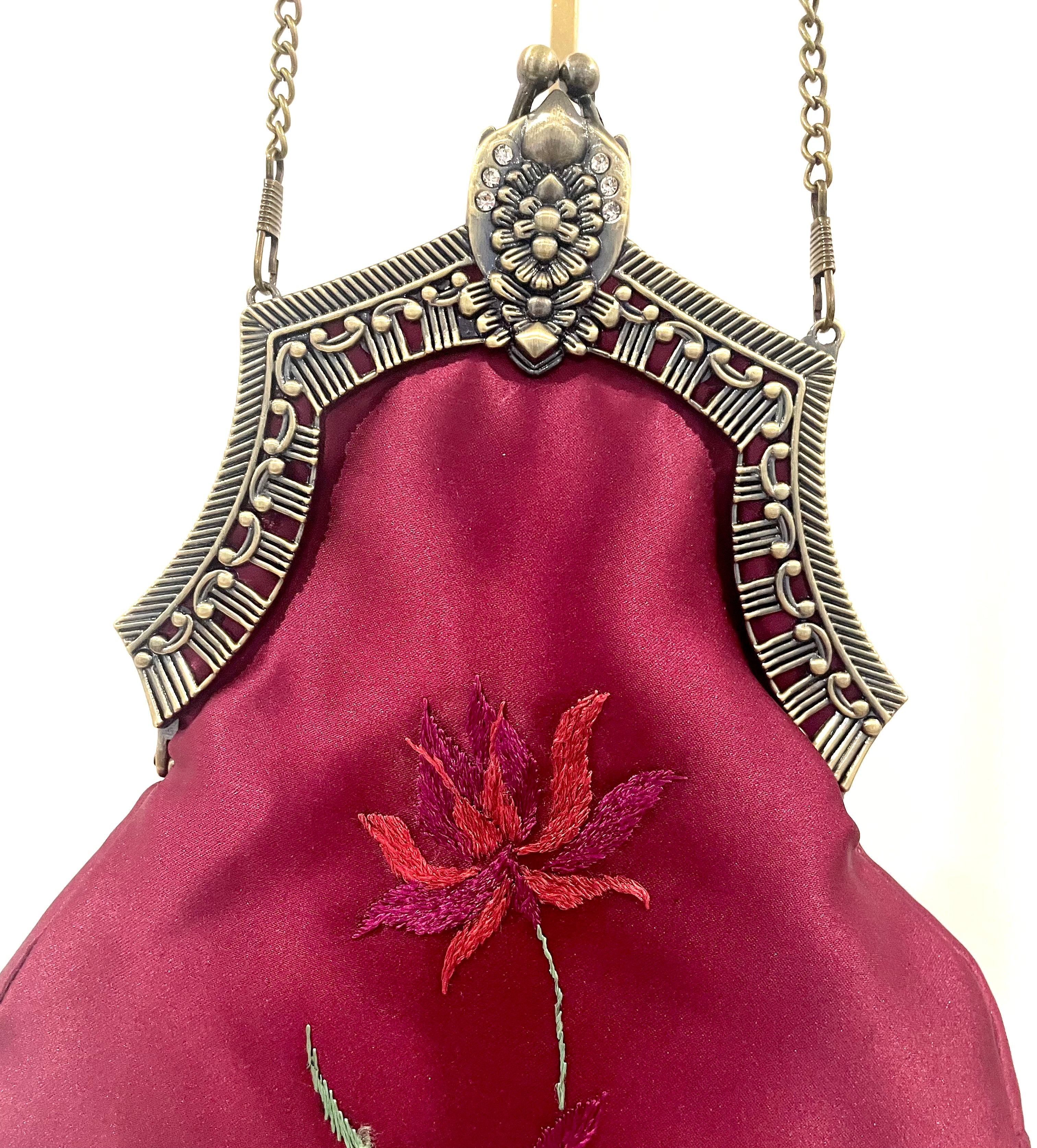 Handmade Plum Satin Handbag, Hand-Embroidered, Brass Clasp