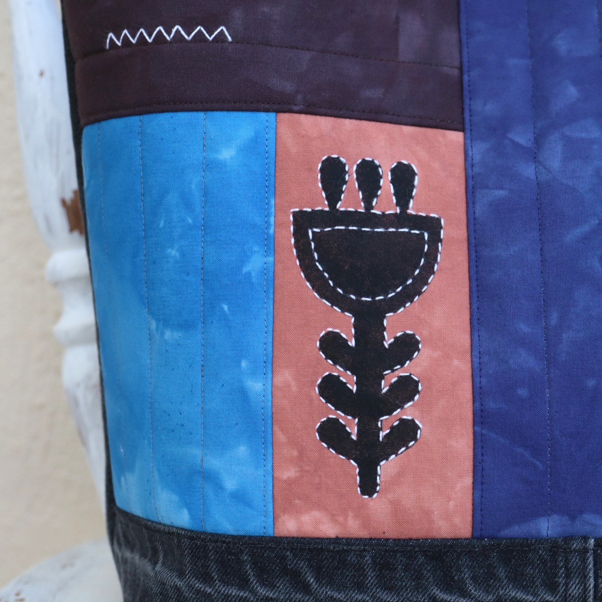 Tote Bag, Hand Dyed with upcycled denim and stenciled motifs