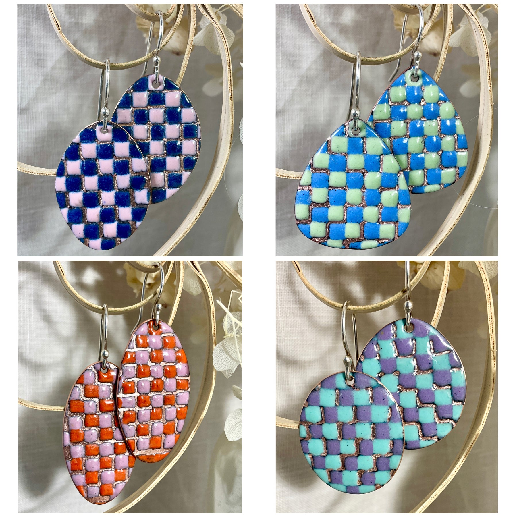 Patchwork enamel earrings. 5 colour ways