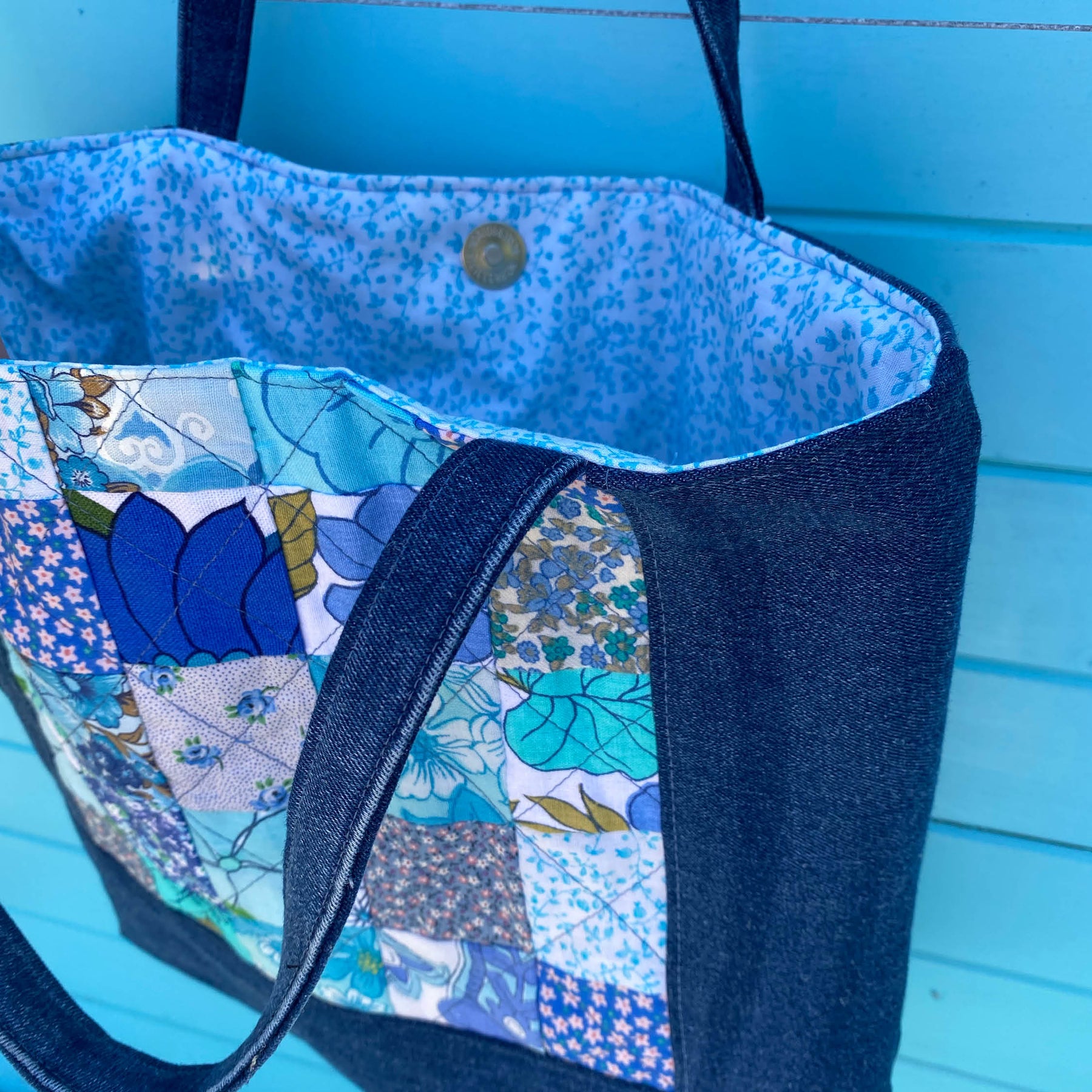 Coastal Blue Handmade Tote Bag Upcycled Vintage Fabrics & Denim Made