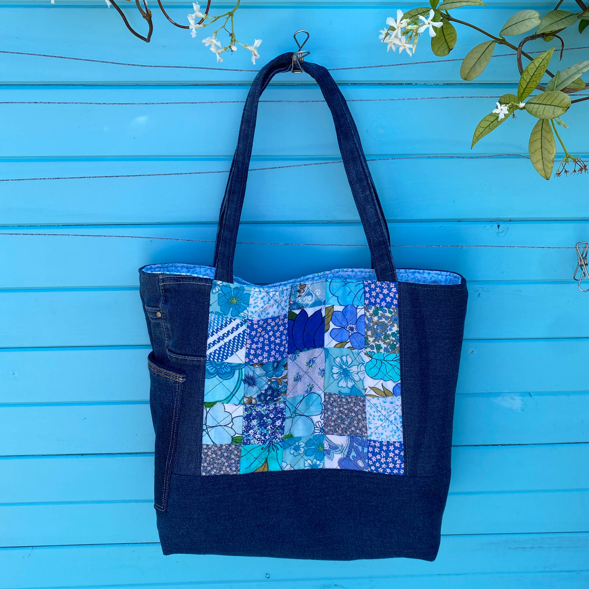 Coastal Blue Handmade Tote Bag Upcycled Vintage Fabrics & Denim Made