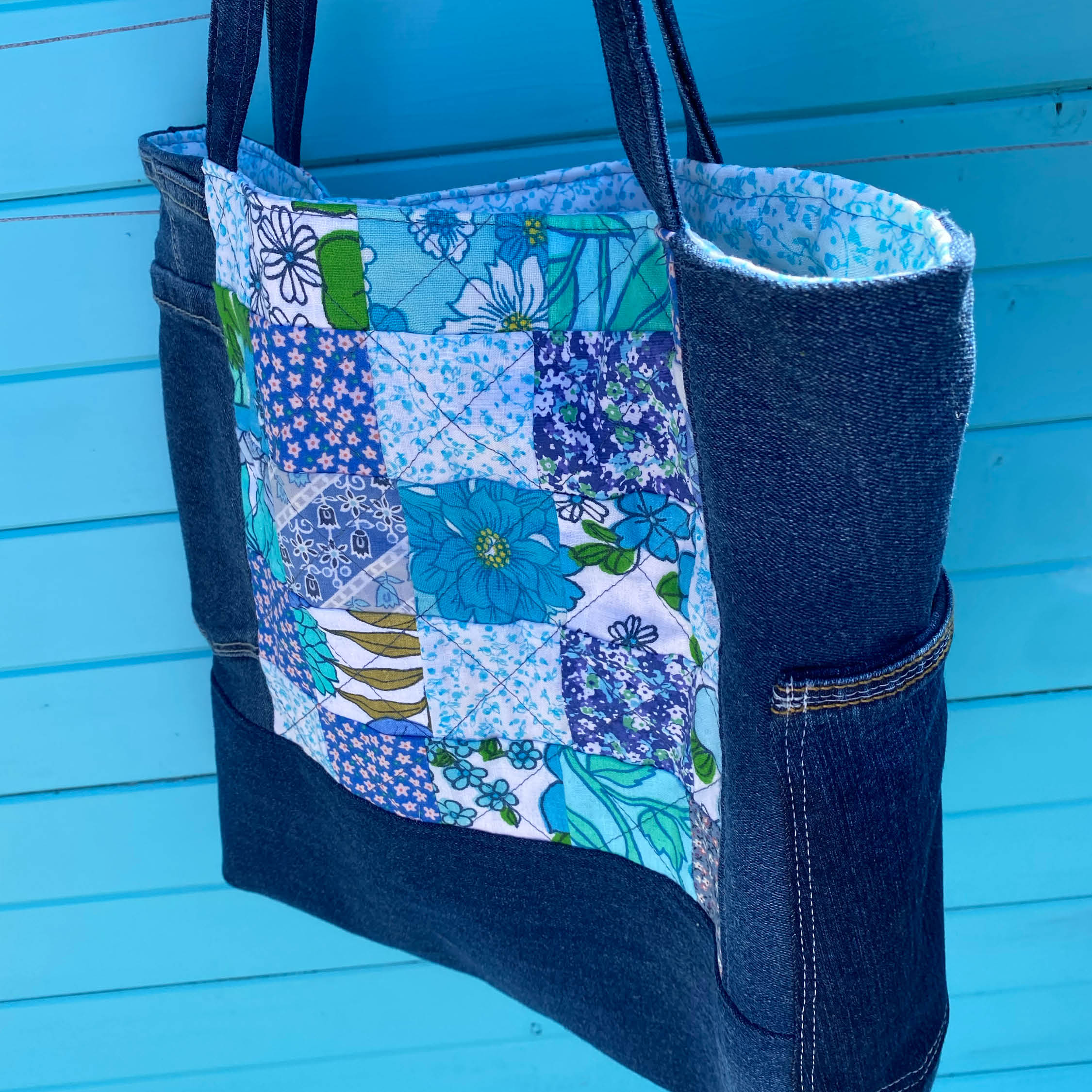 Coastal Blue Handmade Tote Bag Upcycled Vintage Fabrics & Denim Made