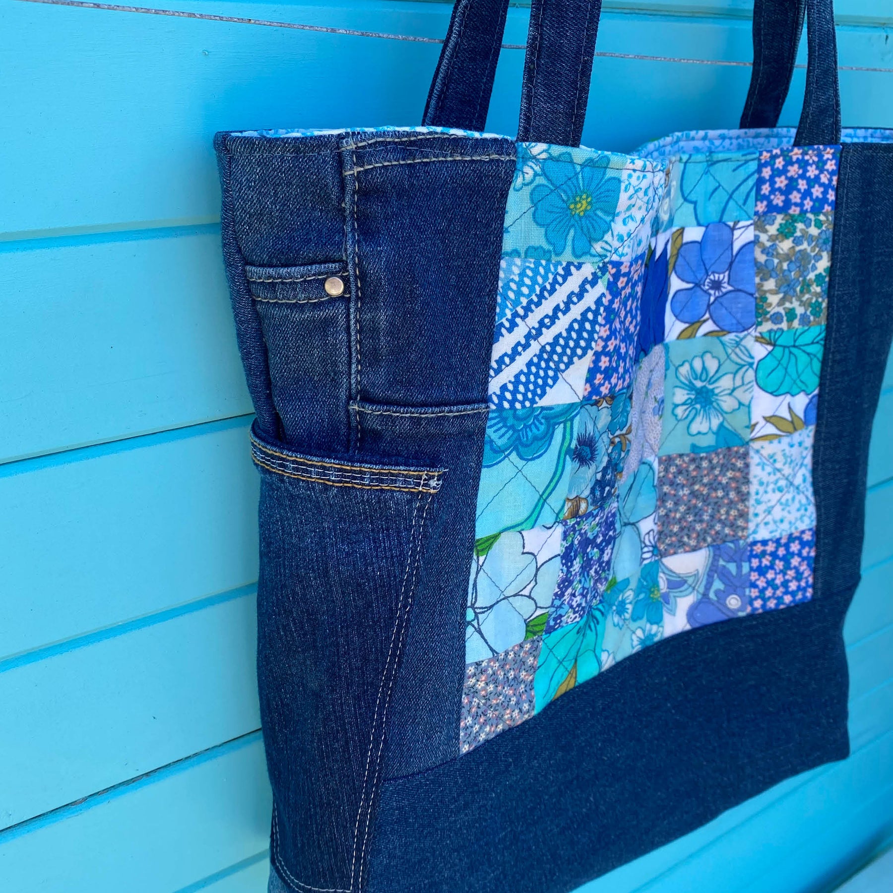 Coastal Blue Handmade Tote Bag Upcycled Vintage Fabrics & Denim Made