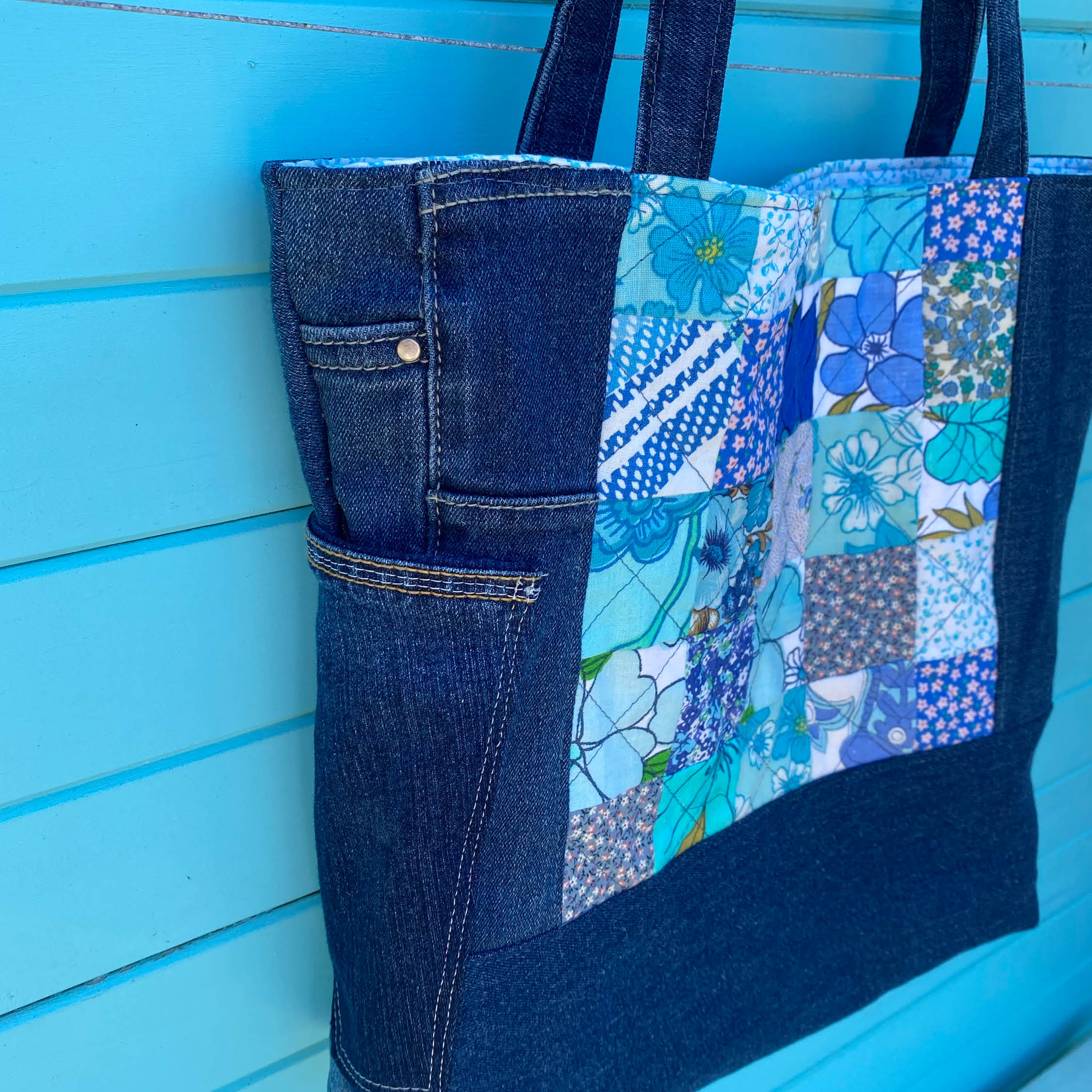 Coastal Blue Handmade Tote Bag Upcycled Vintage Fabrics & Denim Made