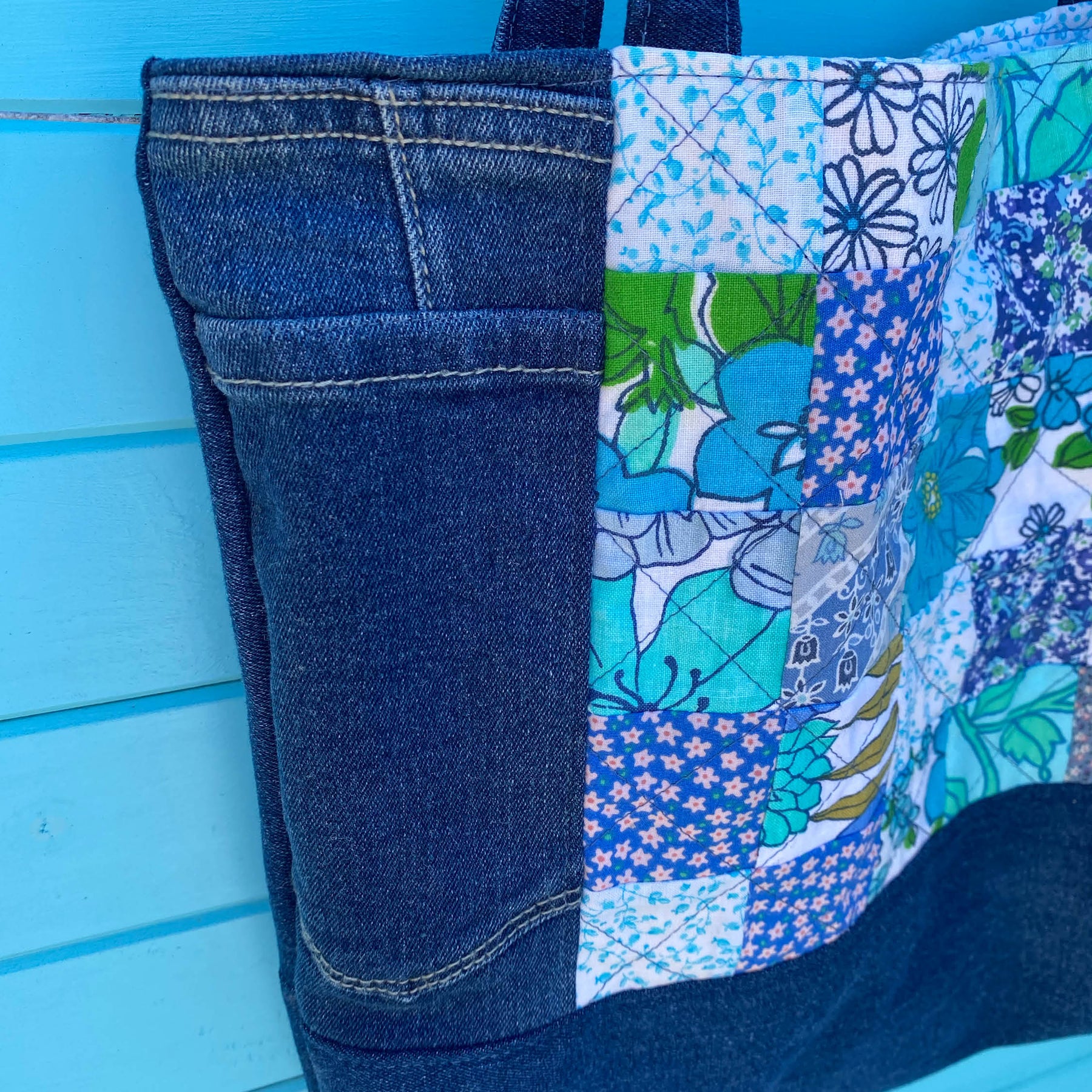 Coastal Blue Handmade Tote Bag Upcycled Vintage Fabrics & Denim Made