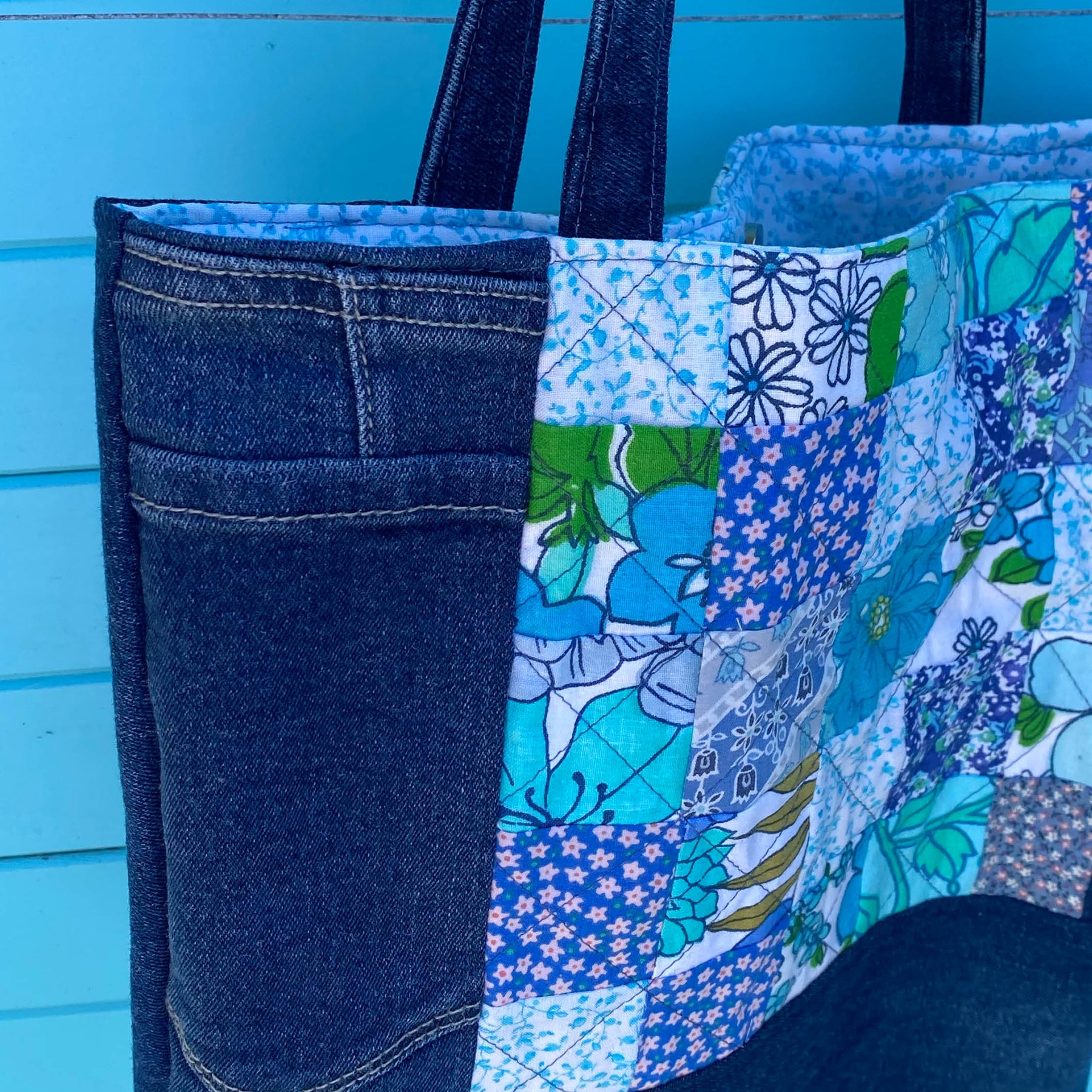 Coastal Blue Handmade Tote Bag Upcycled Vintage Fabrics & Denim Made