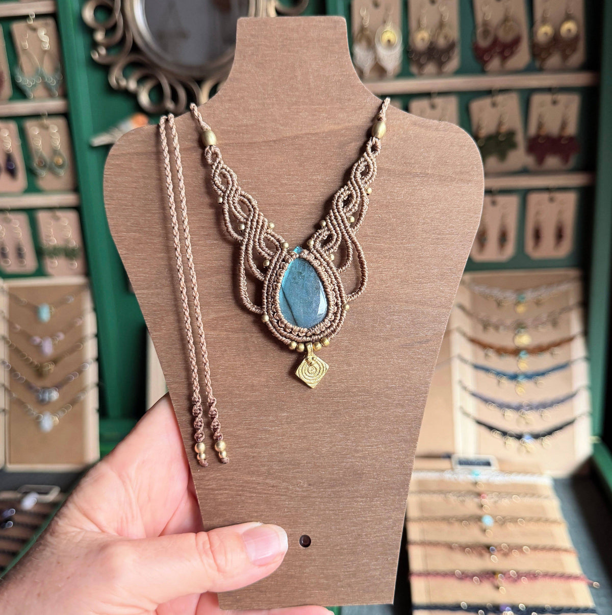 Macrame Labradorite Necklace with solid brass charm