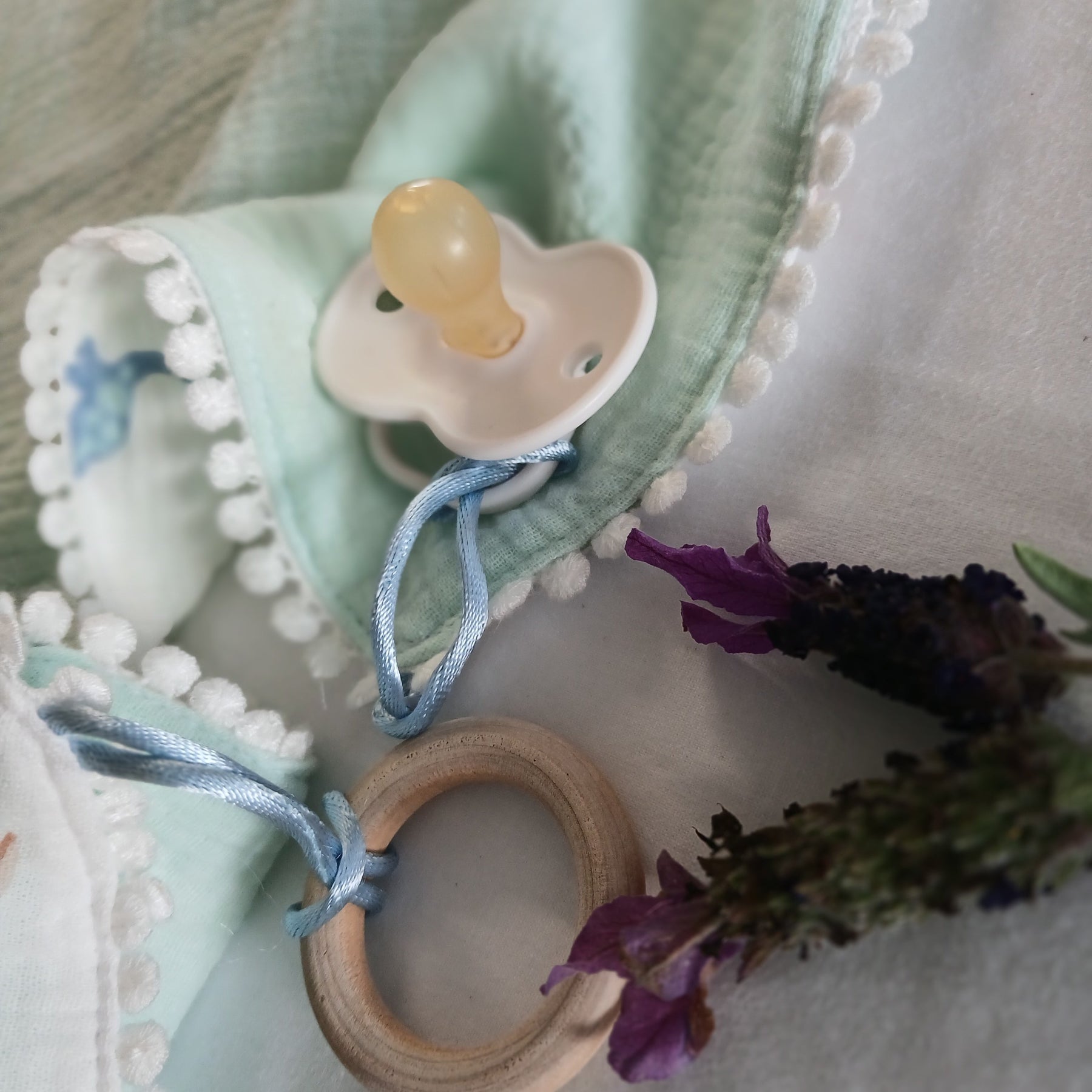 Handmade Double Gauze Dummy Comforter Set of 2 - 35x31cm with Beechwood Teething Ring -Dinosaurs , Light Mint