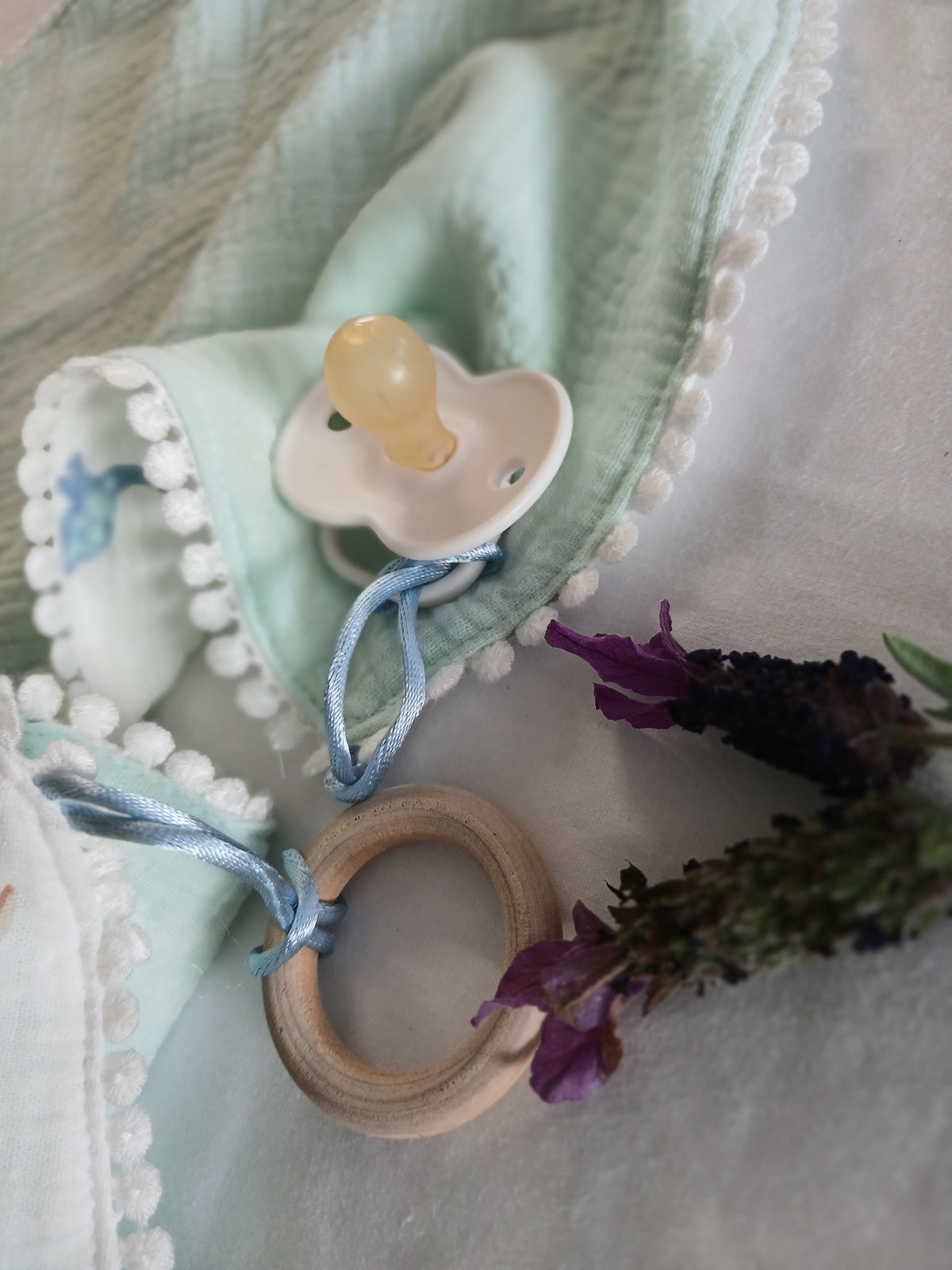Handmade Double Gauze Dummy Comforter Set of 2 - 35x31cm with Beechwood Teething Ring -Dinosaurs , Light Mint