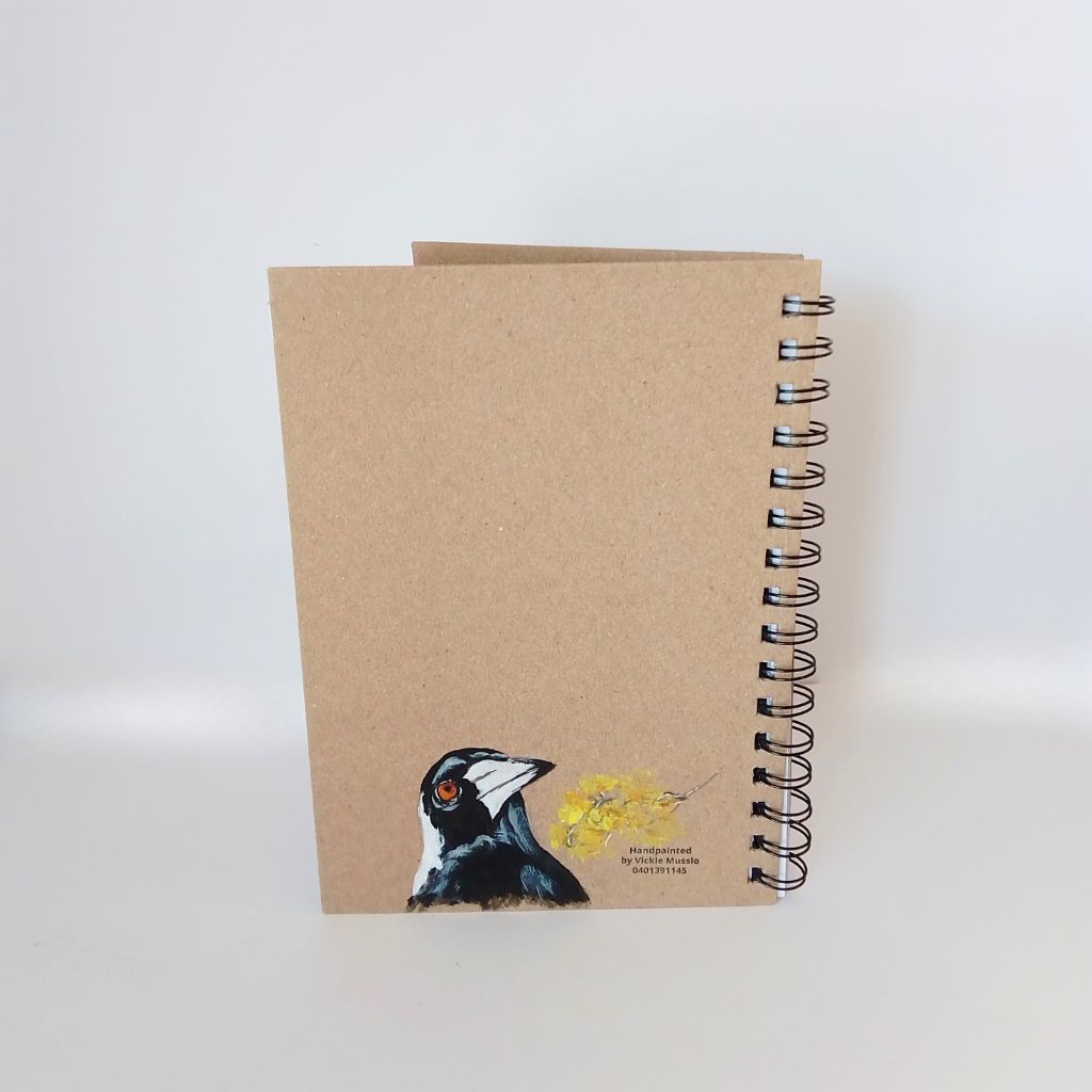 Magpie handpainted Notebook with wattle