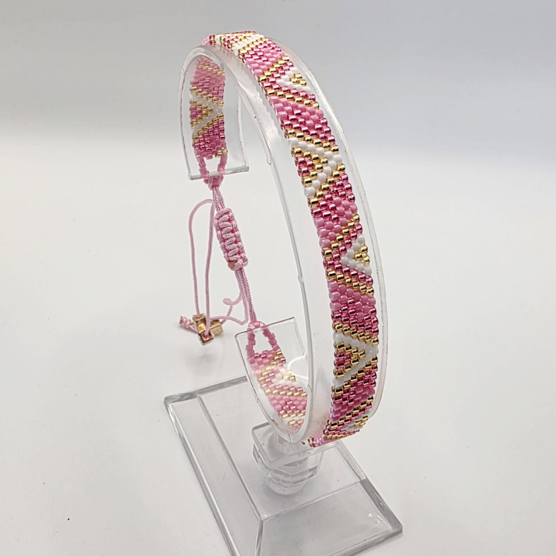 Pink and Gold, Handwoven Beaded Bracelet, Adjustable