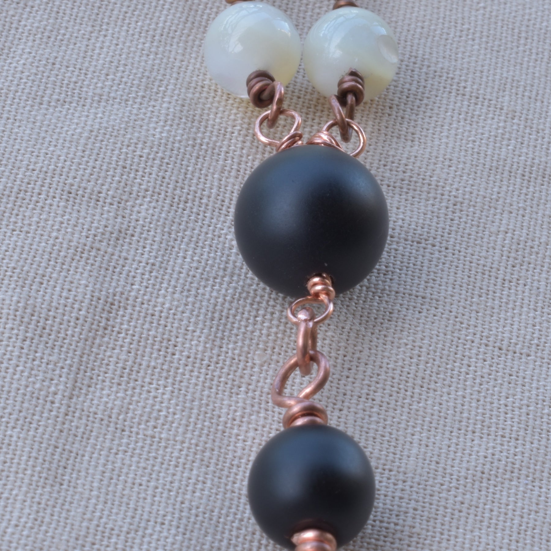 Stillness — Copper Wire Wrapped Rosary Mother of Pearl & Onyx