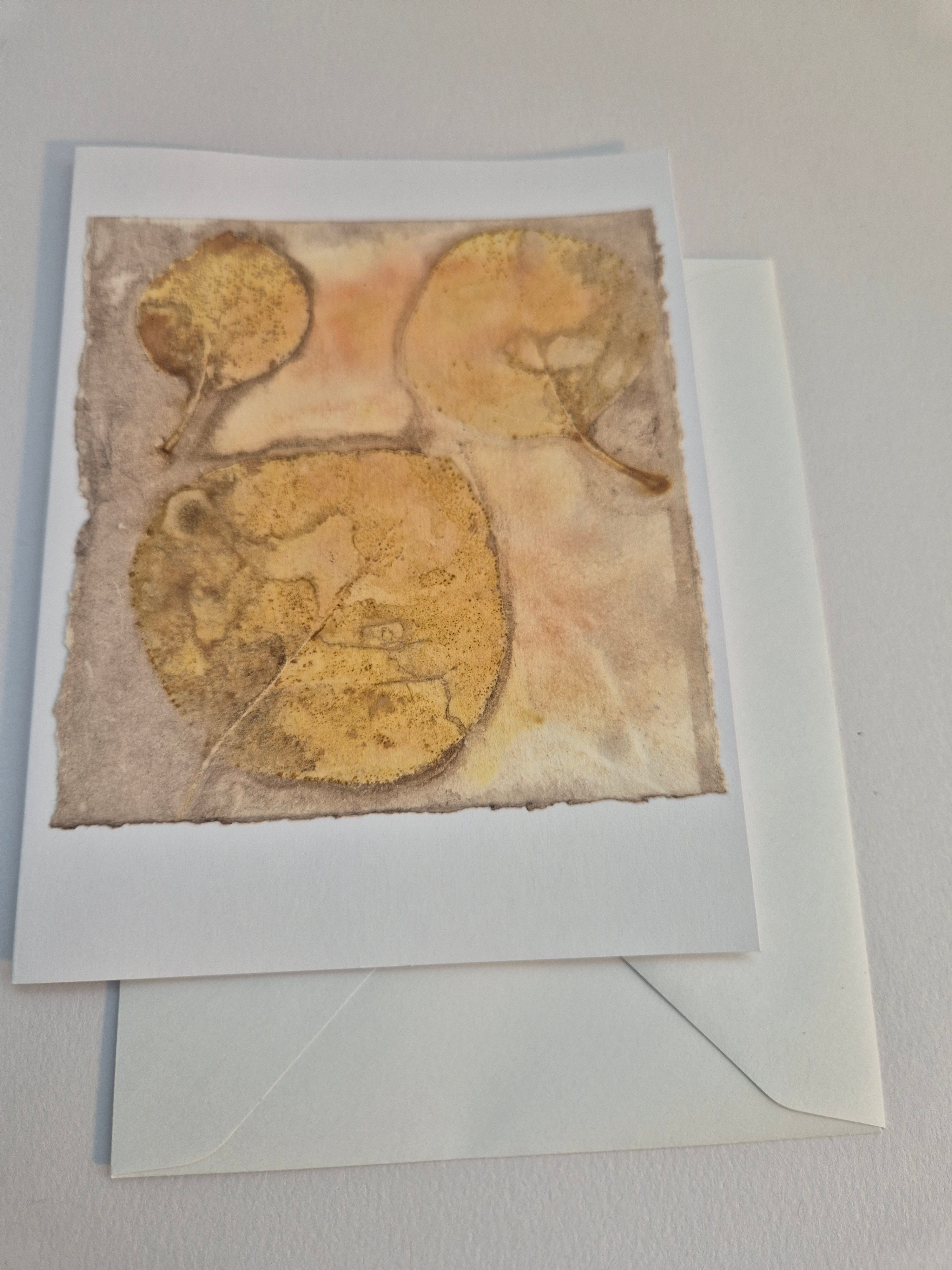 Card original ecoprinted golden pink eucalyptus leaves