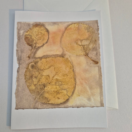 Card original ecoprinted golden pink eucalyptus leaves