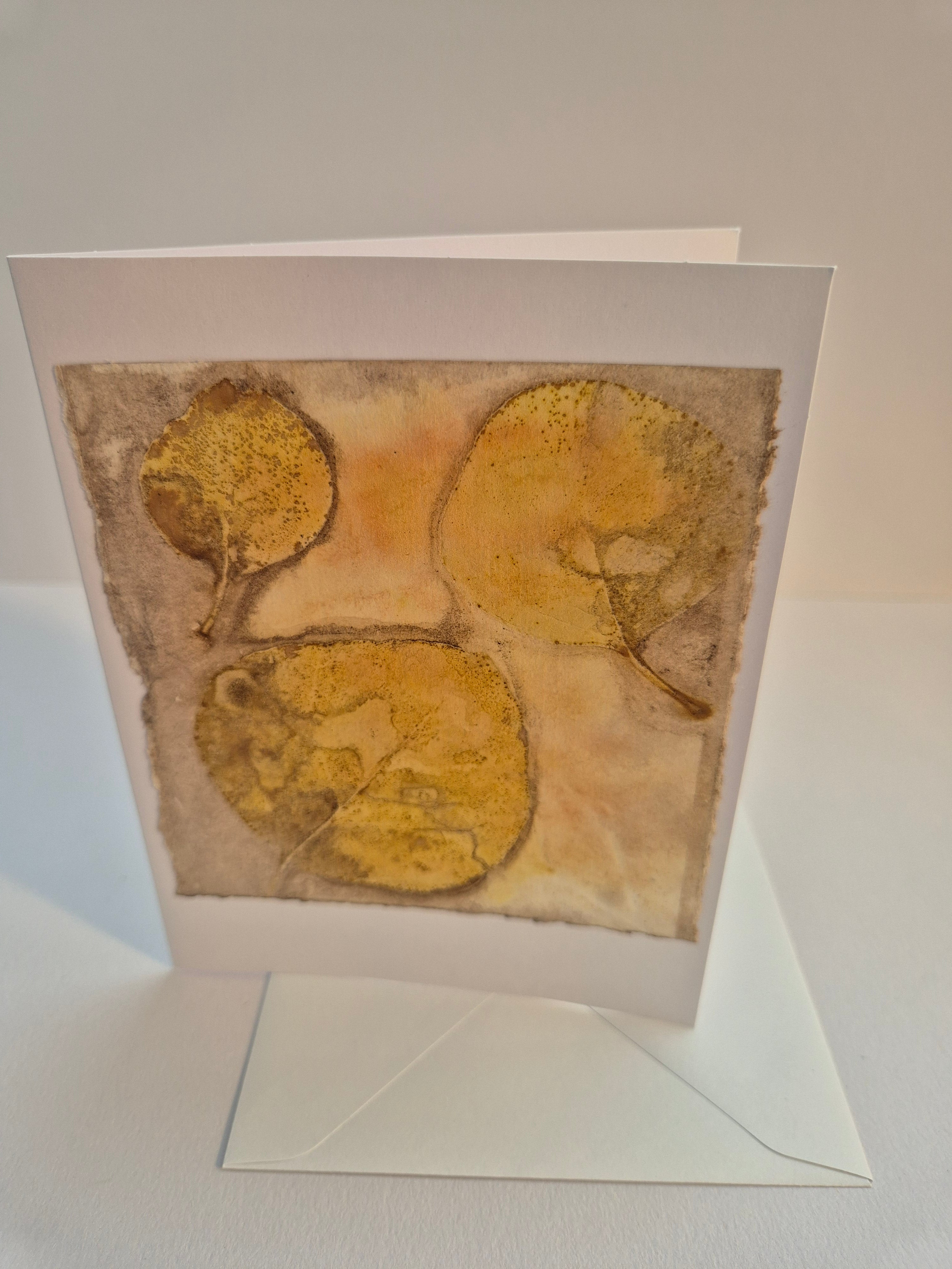 Card original ecoprinted golden pink eucalyptus leaves