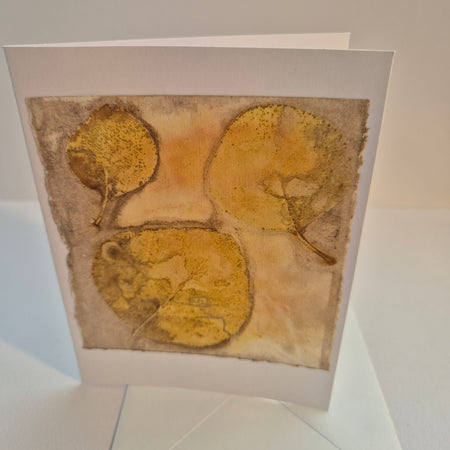 Card original ecoprinted golden pink eucalyptus leaves