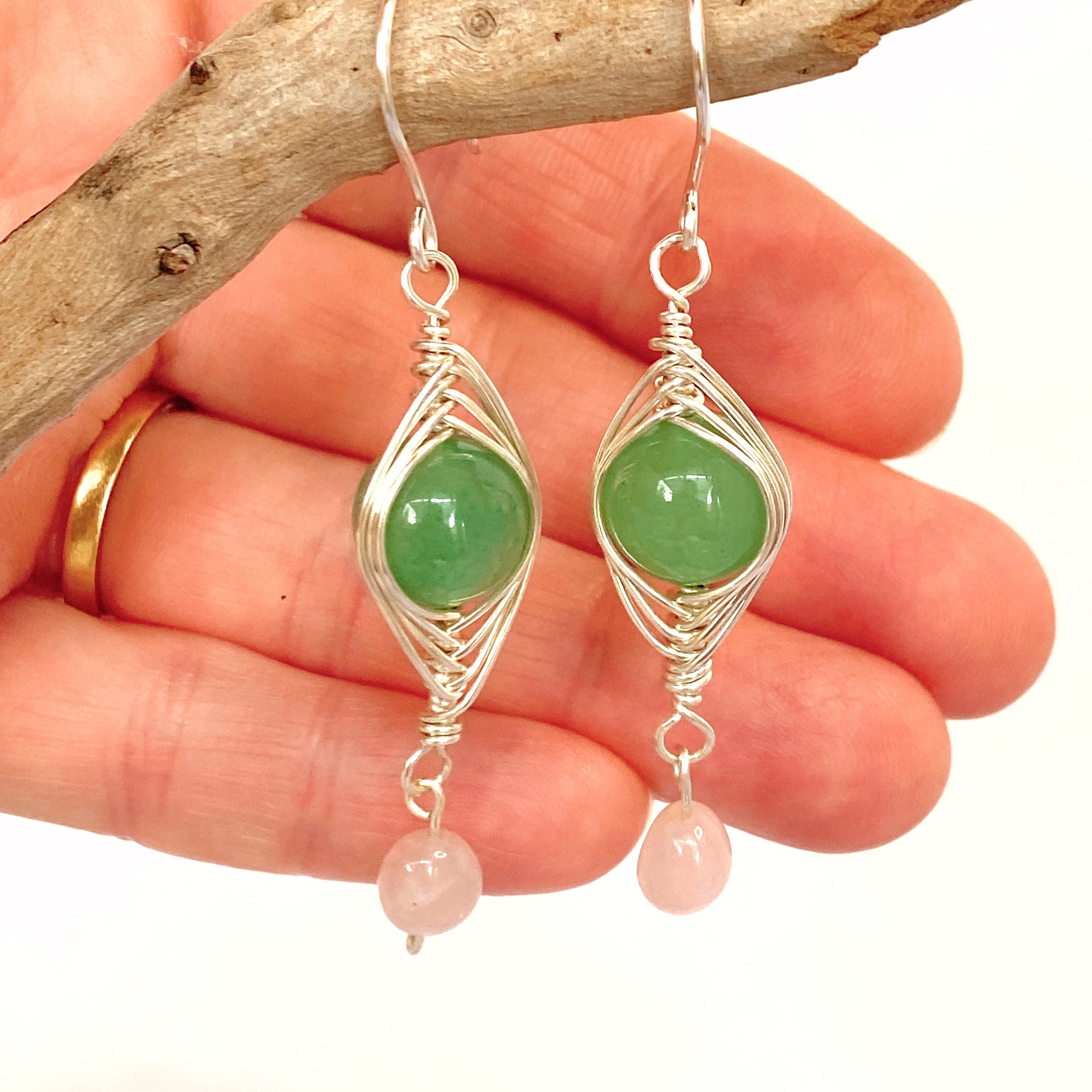 Green Aventurine and Rose Quartz Silver Earrings | Gemstone Wire Wrap Jewellery
