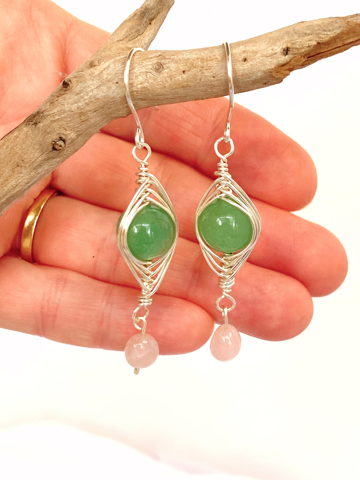 Green Aventurine and Rose Quartz Silver Earrings | Gemstone Wire Wrap Jewellery