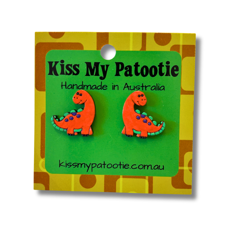 Orange dinosaur studs - wooden, hand painted earrings