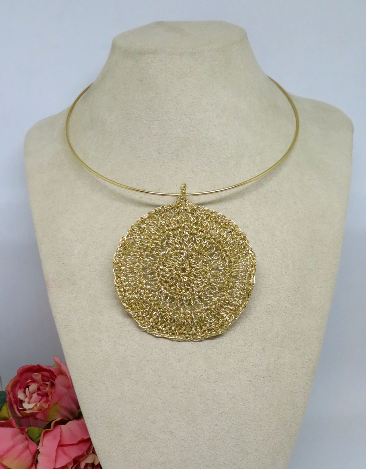 Bespoke Handmade Gold Shimmer Crochet Pendant Round Choker Necklace