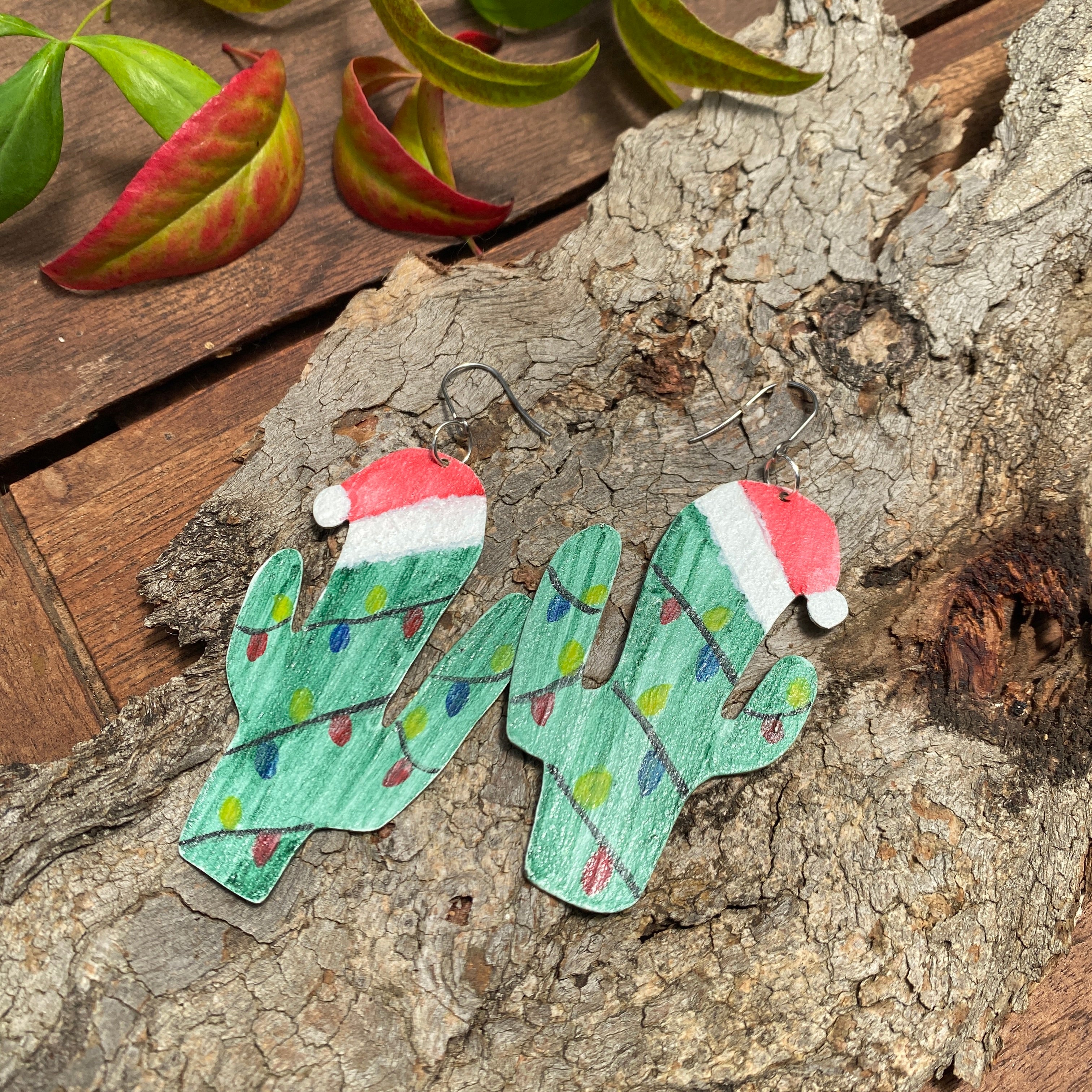 Christmas Cactus Earrings – Hand-painted Brass Jewellery