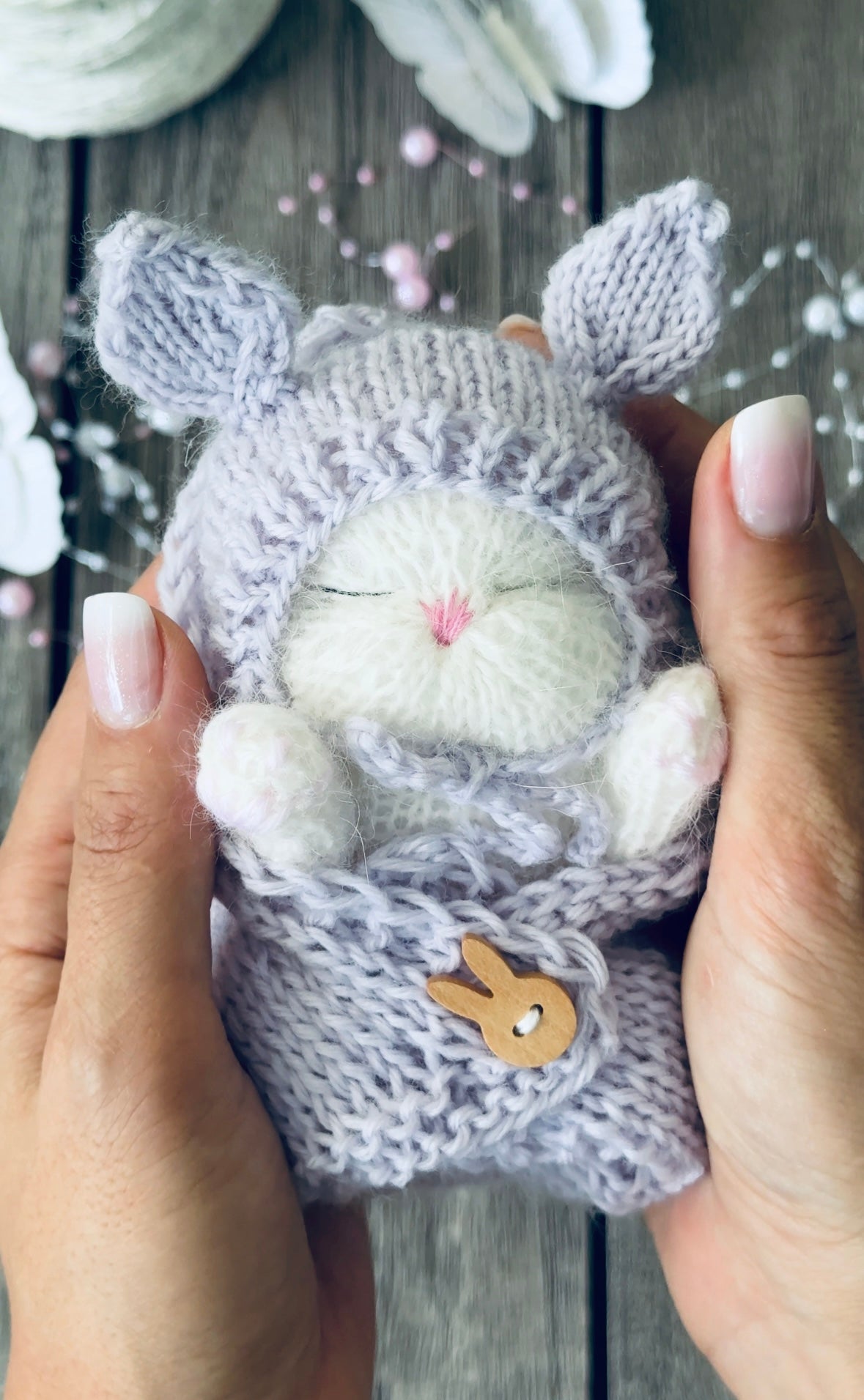 Handmade White Sleeping Kitty in The Bunny Beanie and Blanket