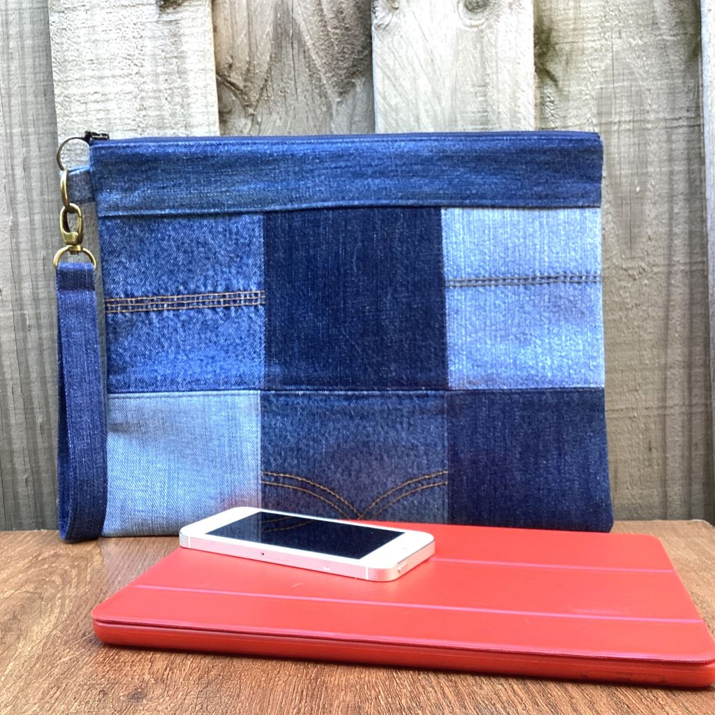 Large Upcycled Denim Pouch #7 - Patchwork Squares
