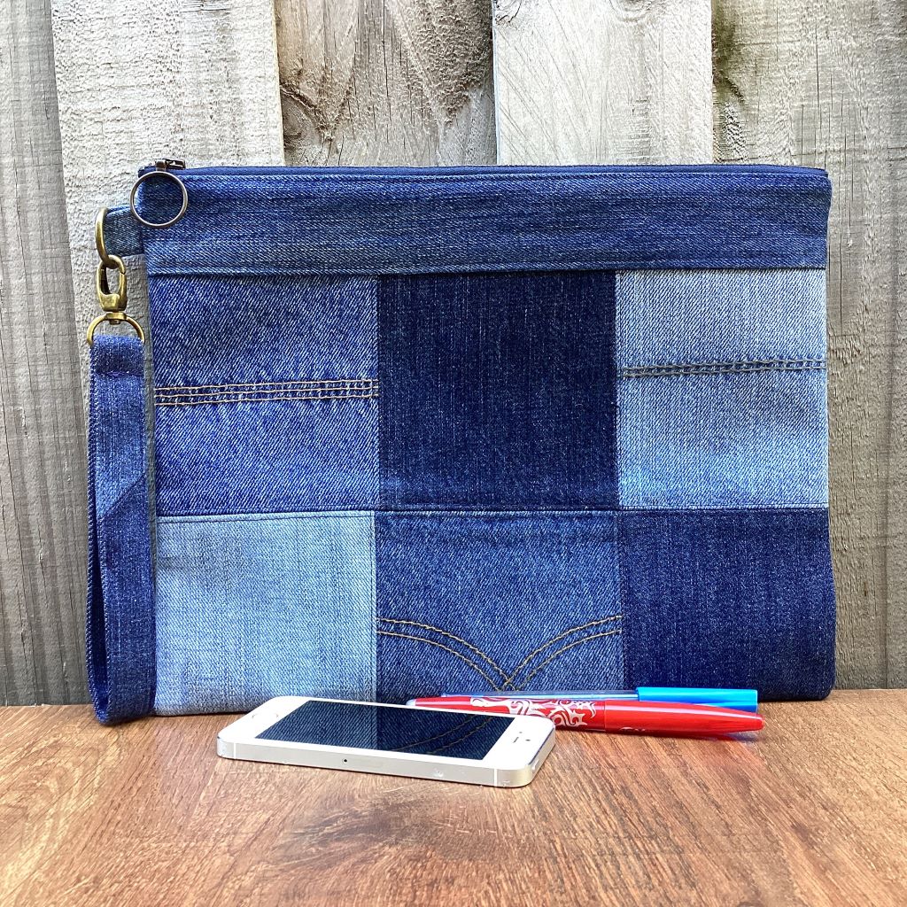Large Upcycled Denim Pouch #7 - Patchwork Squares
