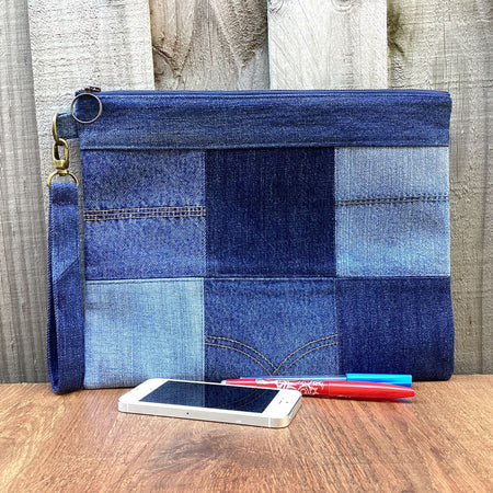 Large Upcycled Denim Pouch #7 - Patchwork Squares