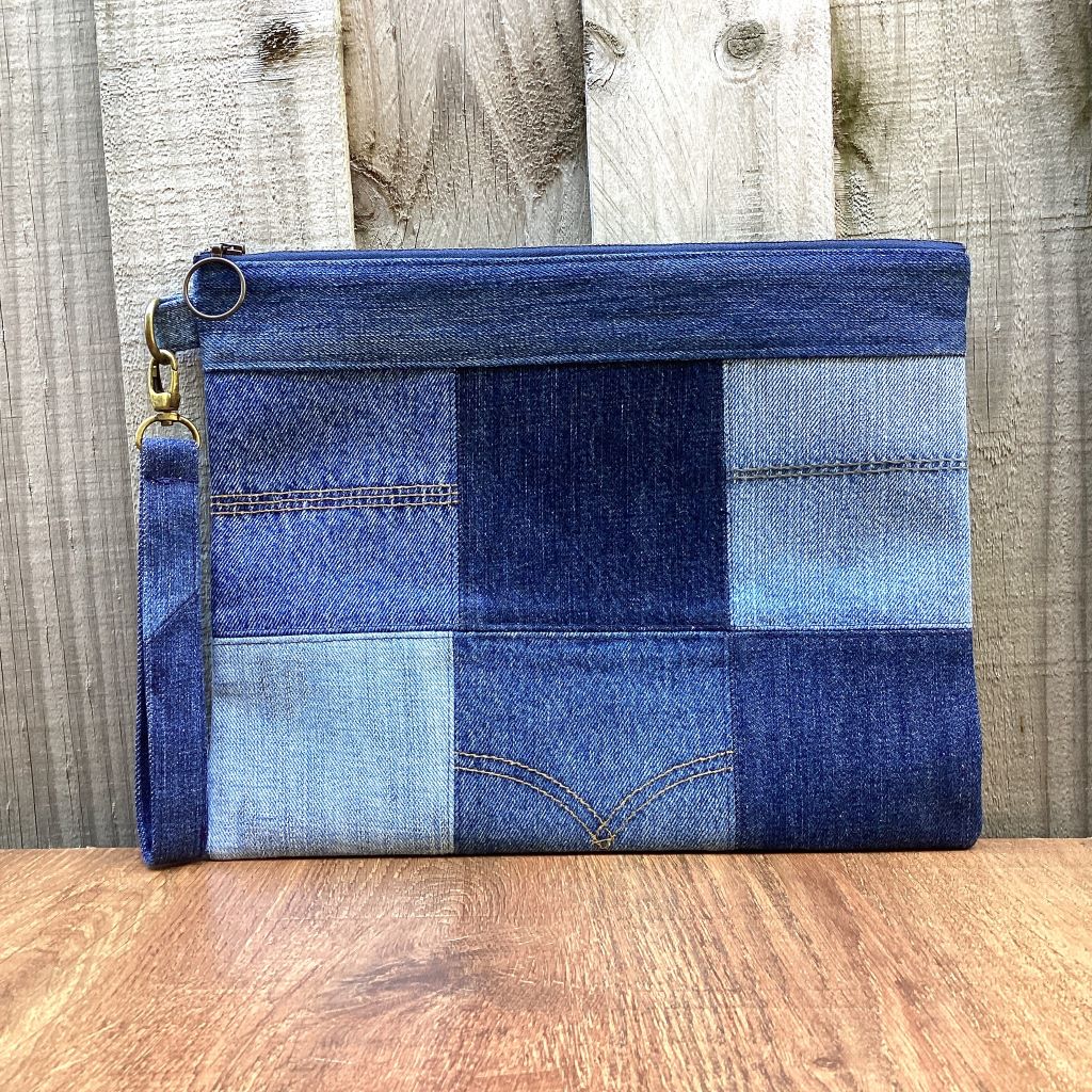 Large Upcycled Denim Pouch #7 - Patchwork Squares