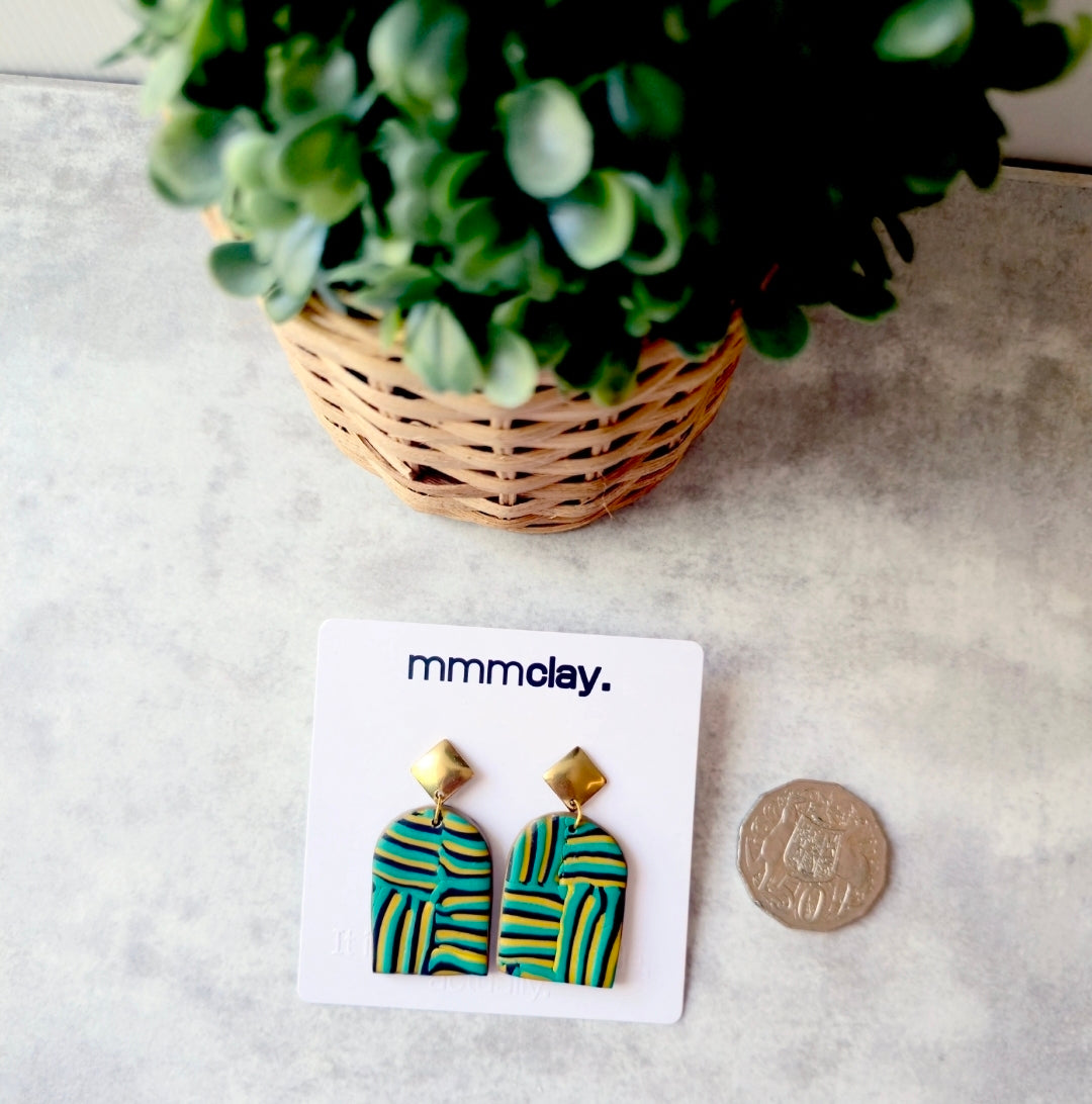 Teal and Mustard Striped Polymer Clay Arch Earrings