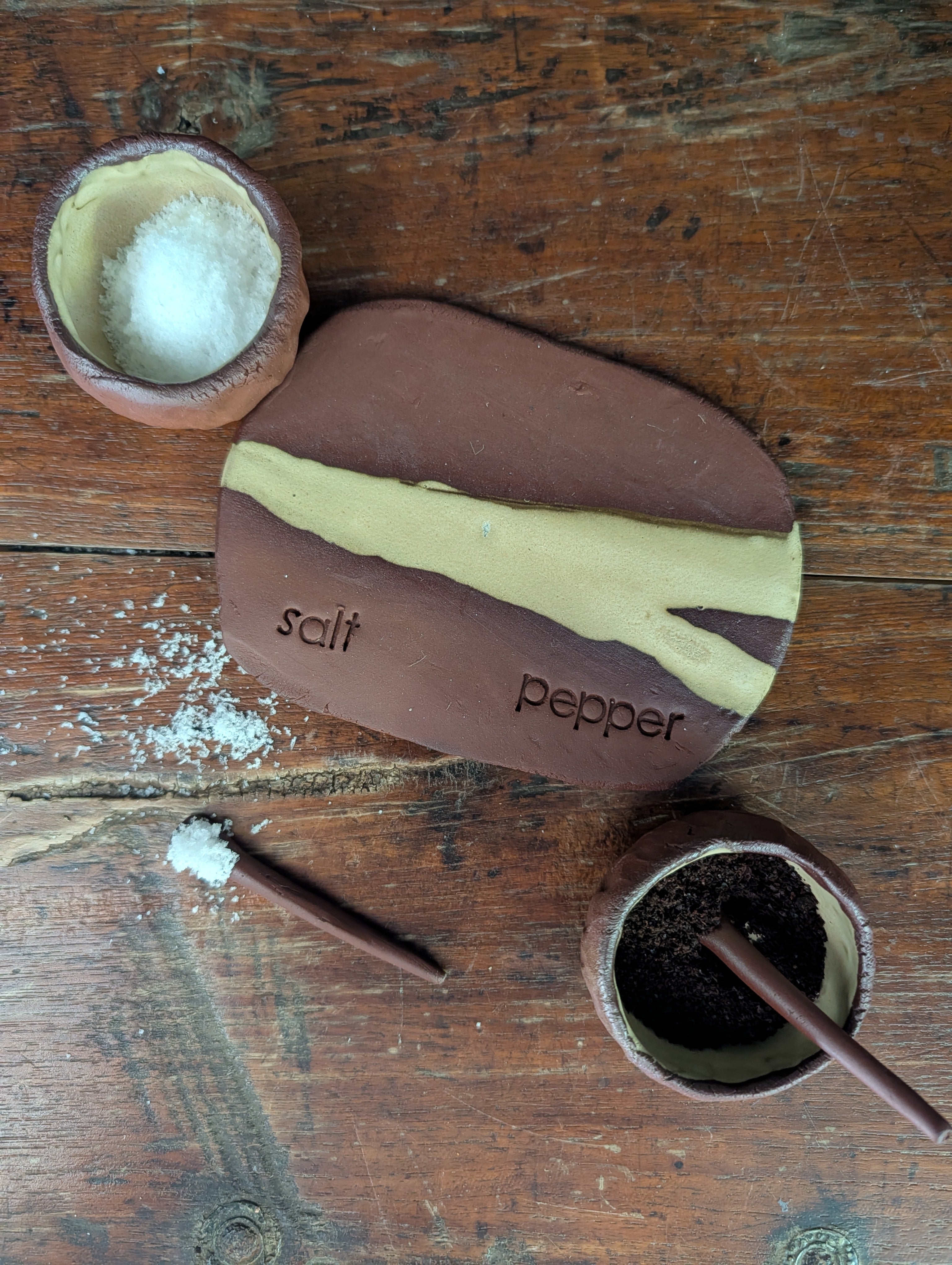 Hand-built Ceramic Salt & Pepper Pots with Tray and Spoons - Rustic Earthy Kitchen Set