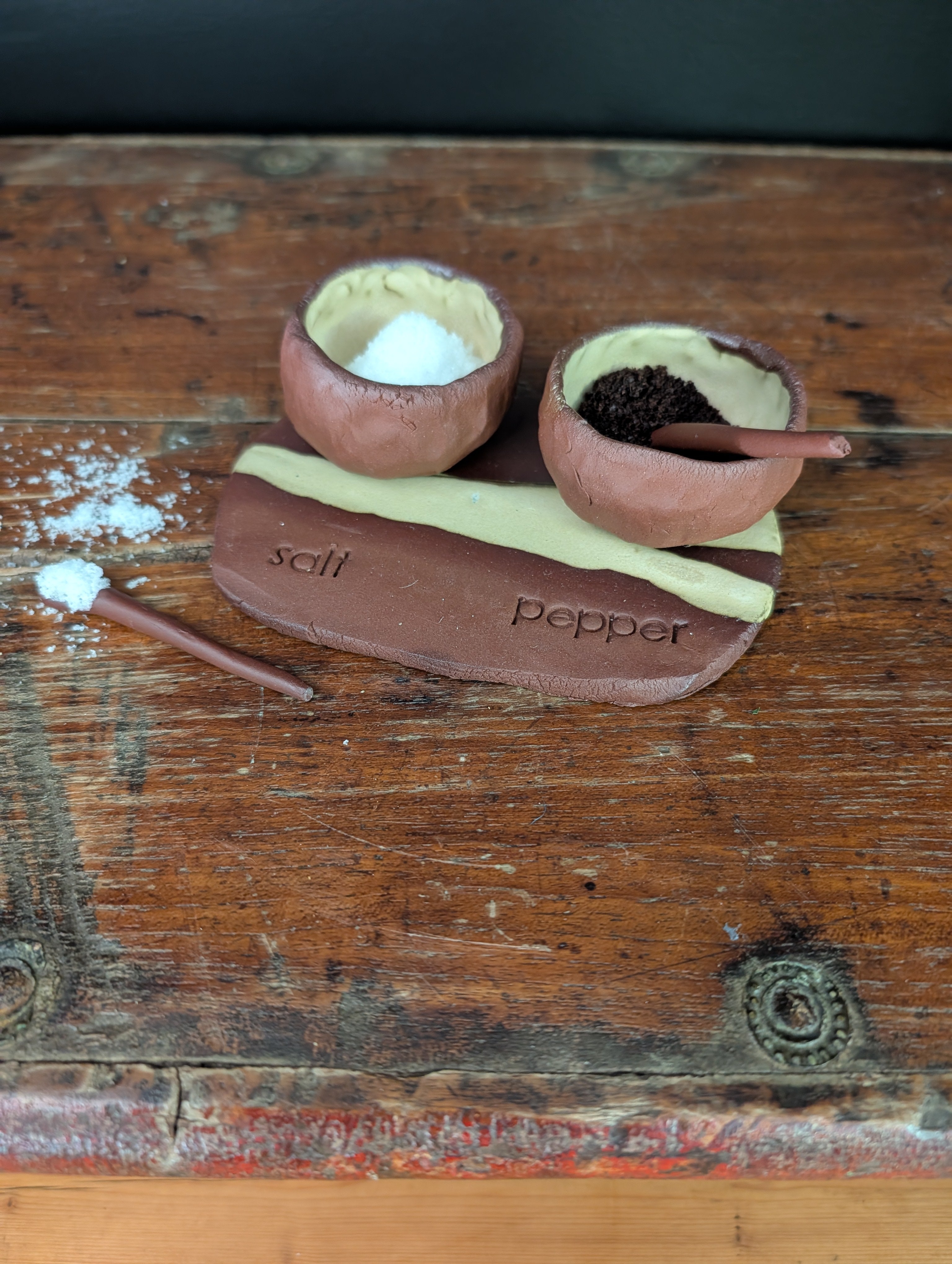 Hand-built Ceramic Salt & Pepper Pots with Tray and Spoons - Rustic Earthy Kitchen Set