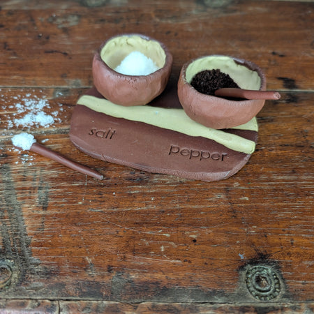 Hand-built Ceramic Salt & Pepper Pots with Tray and Spoons - Rustic Earthy Kitchen Set